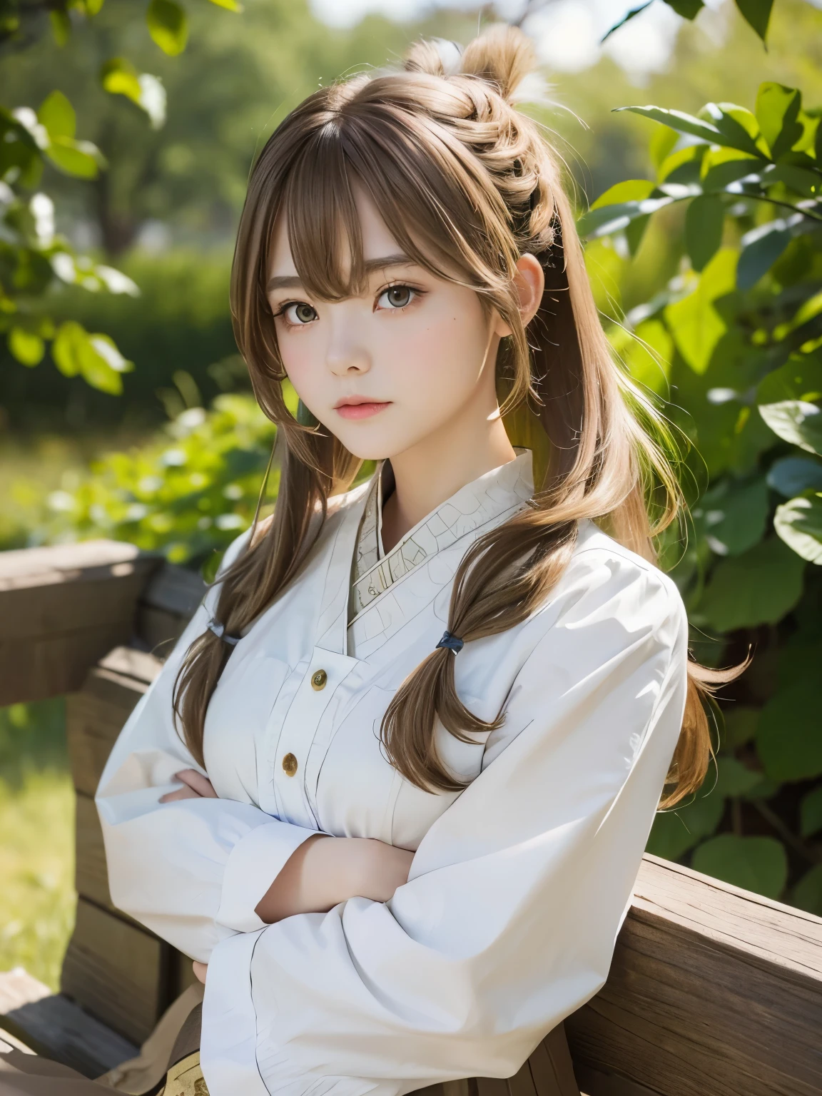 Nanashi Mumei, Owl Girl, Beautiful Girl, age 20, brown crown braided ponytail long hair, High nose, Sharp eyes, A noble and inviolable character, (([woman]: 1.2 + [beauty]: 1.2 + Long brown hair: 1.2)), floating paper bag friend, background, Bright Eyes, Dynamic angles and postures, wallpaper. feather hair ornament, tree house background