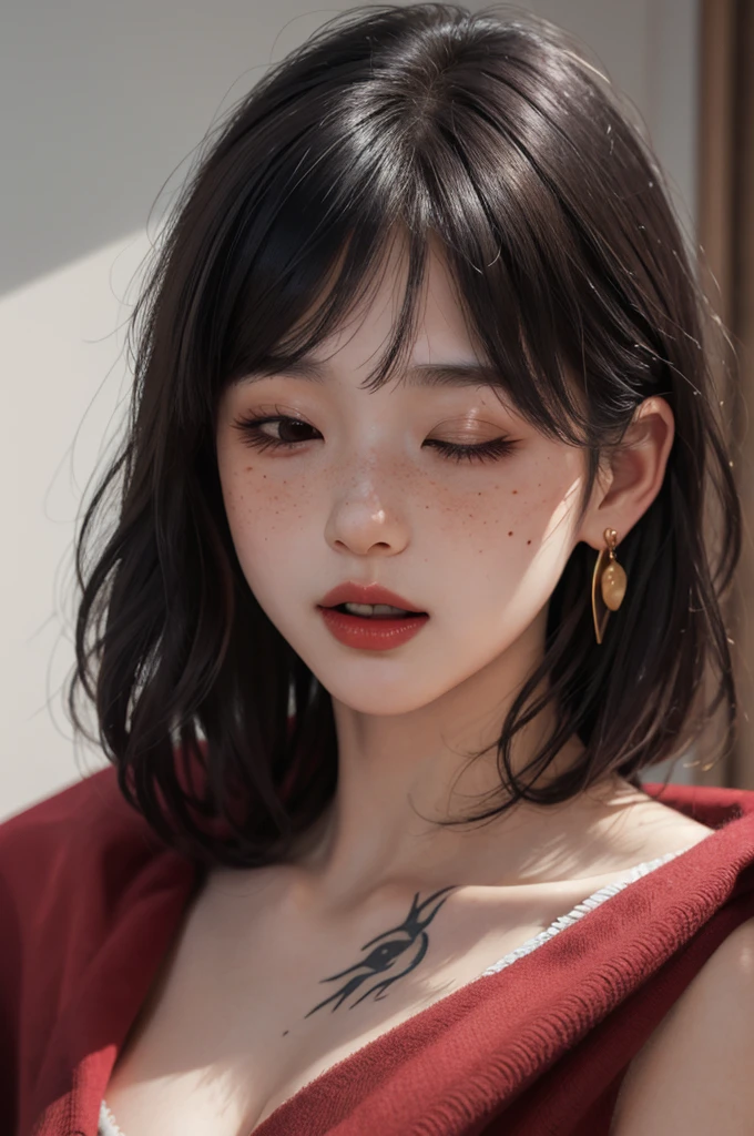 1 girl, Japanese, 4k, realistic, soft skin, texturized skin, short whavy black hair with bangs, bob hairstyle, colorful hair, shining brown eyes, red eyeliners, shining red lips, soft makeup, freckles, round gold earings, pijama, covered by a red blanket, tattoos, open mouth, one eye closed, waking up from bed, yawning, covering mouth, soft lighting, portrait, bright colors, looking directly to the viewer.