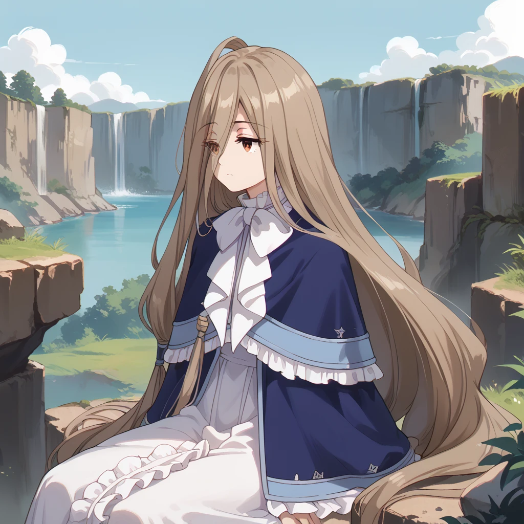 masterpiece,best quality,cowboy shot,from side,sitting down on the rock cliff edge,cowboy shot,front shot,solo,1girl,youg girl,sense \(sousou no frieren\),brown eyes,very long hair,absurdly long hair,hair between eyes,eyes visible through hair, blue capelet,frilled dress,white long dress,(ahoge),