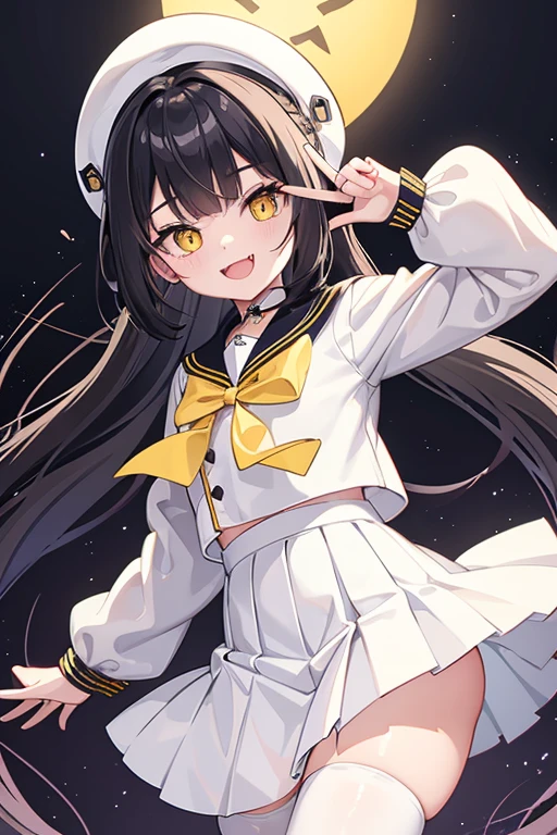 Vampire, yellow ribbon sailor shirt, yellow eyes, white skirt, black hair, french braid, white thighhighs, fangs, mischievous smile