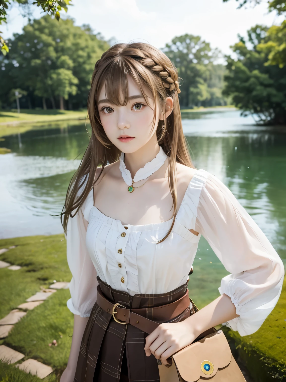 Nanashi Mumei, Owl Girl, Beautiful Girl, age 20, brown crown braided ponytail long hair, High nose, Sharp eyes, A noble and inviolable character, (([woman]: 1.2 + [beauty]: 1.2 + Long brown hair: 1.2)), floating paper bag friend, background, Bright Eyes, Dynamic angles and postures, wallpaper. feather hair ornament, tree house background