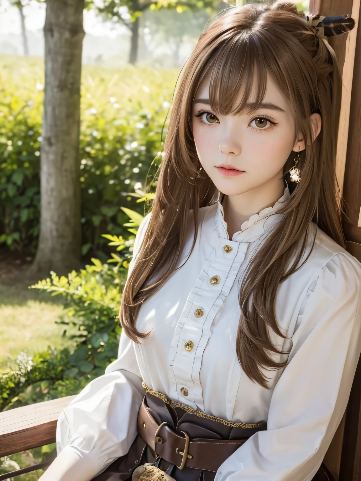 Nanashi Mumei, Owl Girl, Beautiful Girl, age 20, brown crown braided ponytail long hair, High nose, Sharp eyes, A noble and inviolable character, (([woman]: 1.2 + [beauty]: 1.2 + Long brown hair: 1.2)), floating paper bag friend, background, Bright Eyes, Dynamic angles and postures, wallpaper. owl feather hair ornament, forest background