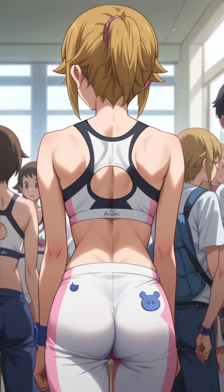 score_9, score_8_Excellent, score_7_Excellent, score_6_Excellent, One Girl, Beautiful woman, Rear view,View your viewers,View Audience,Detailed face, Are standing, White skin, 1 girl, Fumina Hoshino,Sports Bra,Pichi Pichi Spats,A shy smile, high quality, wallpaper,