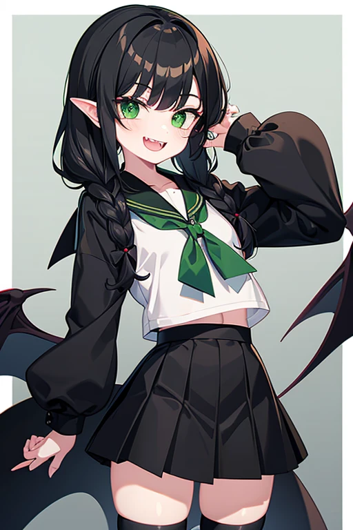 Vampire, green ribbon sailor shirt, green eyes, black skirt, black hair, french braid, black thighhighs, fangs, mischievous smile