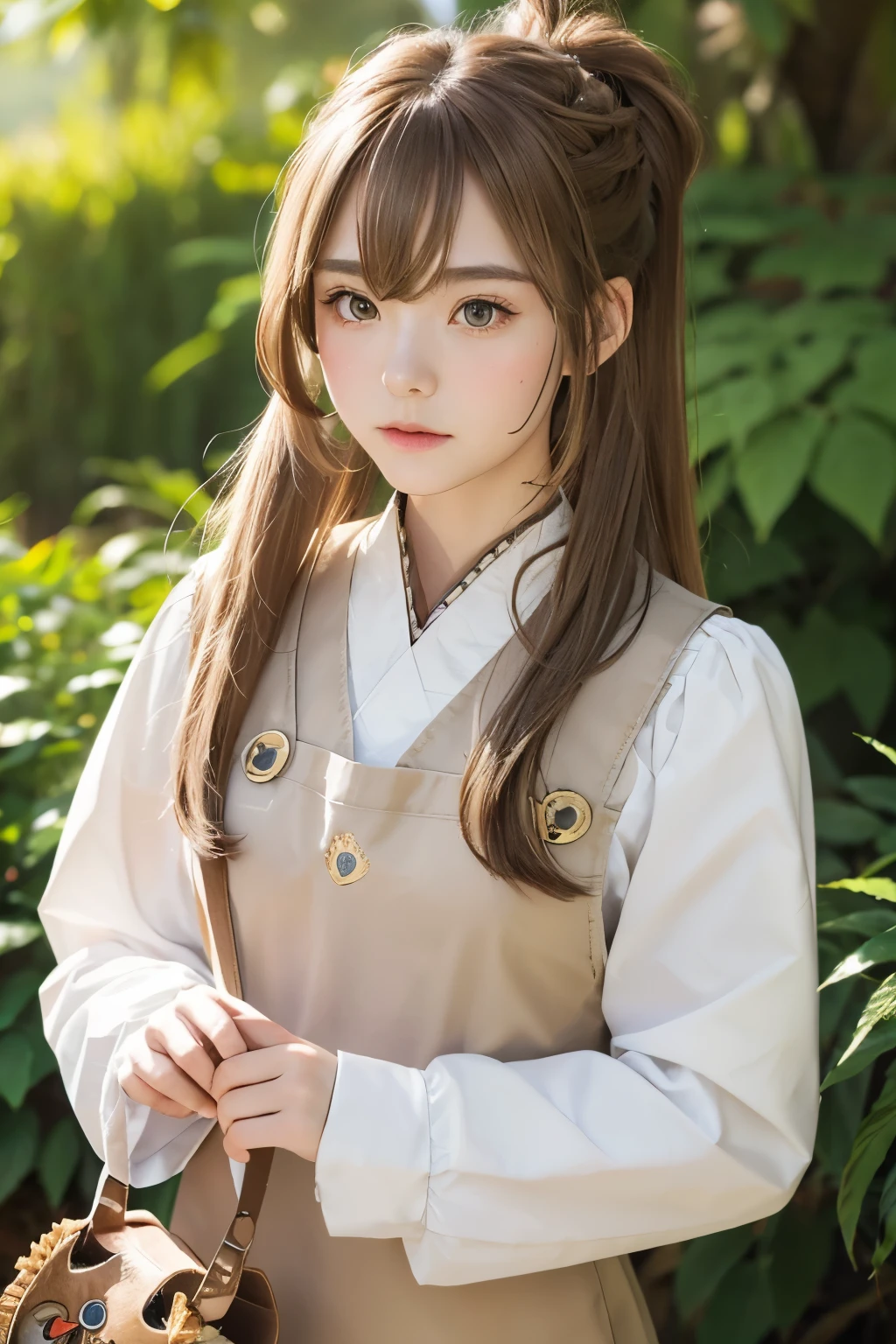 Nanashi Mumei, Owl Girl, Beautiful Girl, age 20, brown crown braided ponytail long hair, High nose, Sharp eyes, A noble and inviolable character, (([woman]: 1.2 + [beauty]: 1.2 + Long brown hair: 1.2)), floating paper bag friend, background, Bright Eyes, Dynamic angles and postures, wallpaper. owl feather hair ornament, forest background