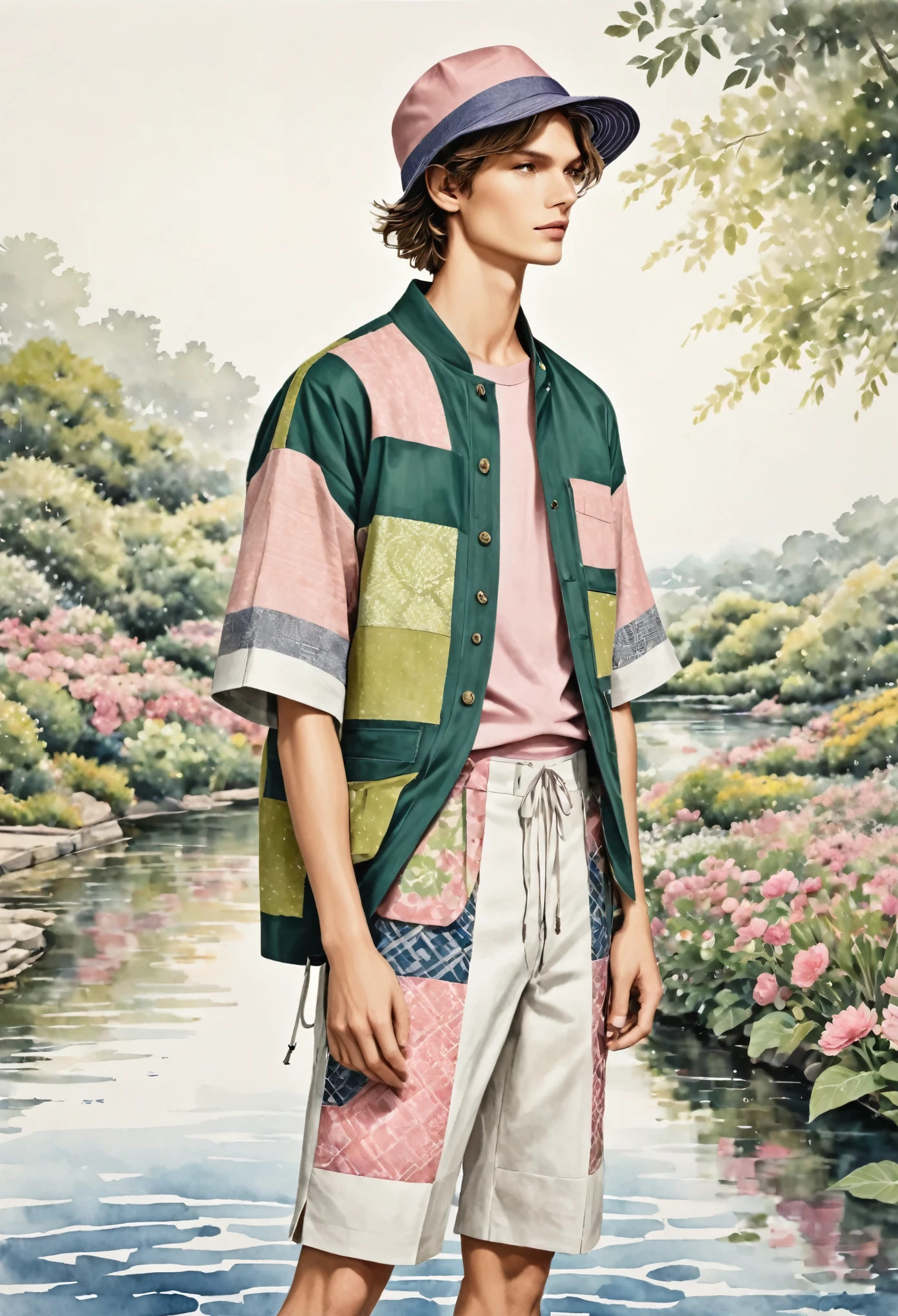 candid fashion illustration of young male supermodels, 20 year old, tall and slender, ((showcase in fashionable linen outfits in front and back view, inspired by modern and elegant style, (presenting in collage and patch-work style). collage with the mixed of E-co print and ethnic motifs fabric, with color blending of dark green, soft pink, lime, blue and purple. he wears a short-sleeved shirt with oversized patchwork Jacket, Sashiko details. paired with earth tone Drawstring pants. completes the look with striped sneakers, camping hat, Captured in a ((full-body image)), relax and simple pose, ((in water-color paint on white paper background), realistic pencil lines, imperfect drawing, charcoal lines detail, fading sketch, fashion Sketching, low angle view, (full body drawing),