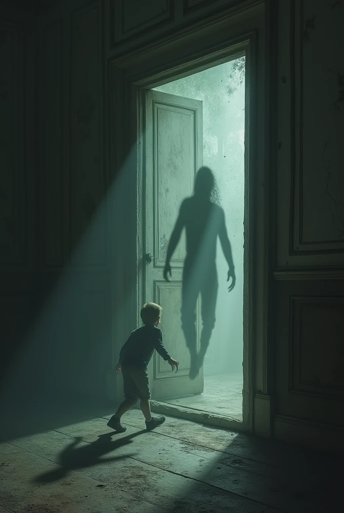 Generate an image of a adult men standing in front of mirror touching the mirror,and the boy is in space,and the space is all blue in colour,and a shadow from behind that pulling him away from the mirror,and the mirror image is trying to pull the boy on itself.