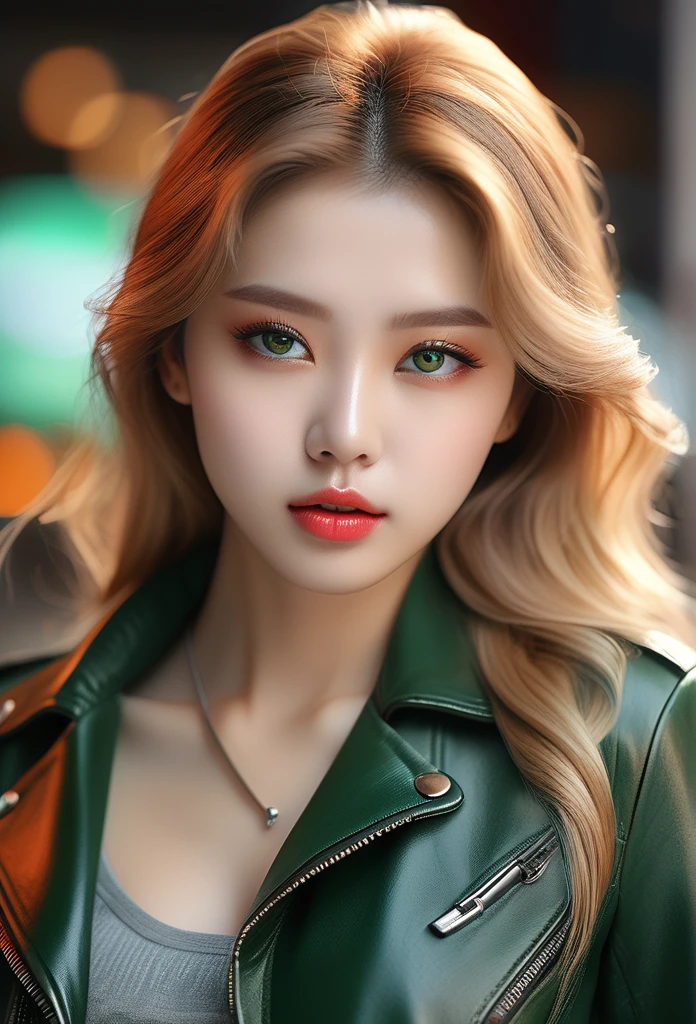 beautiful woman with long blonde hair, green eyes, And a voluptuous appearance, Wearing a black leather jacket, He is looking directly at the viewer with a reddened expression., In a dreamlike place, 초realistic 학교 환경, (best quality,4K,8k,mackerel,masterpiece:1.2),very detailed,(realistic,photorealistic,photo-realistic:1.37),portrait,hyperrealistic,very detailed 눈과 얼굴,very detailed 피부,long eyelashes,beautiful and delicate lips,The detailed nose is pretty.,High contrast lighting,Atmospheric Atmospheric Lighting,dramatic lighting,vivid colors,warm color palette,glowing skin,volumetric lighting,depth of field,cinematic composition