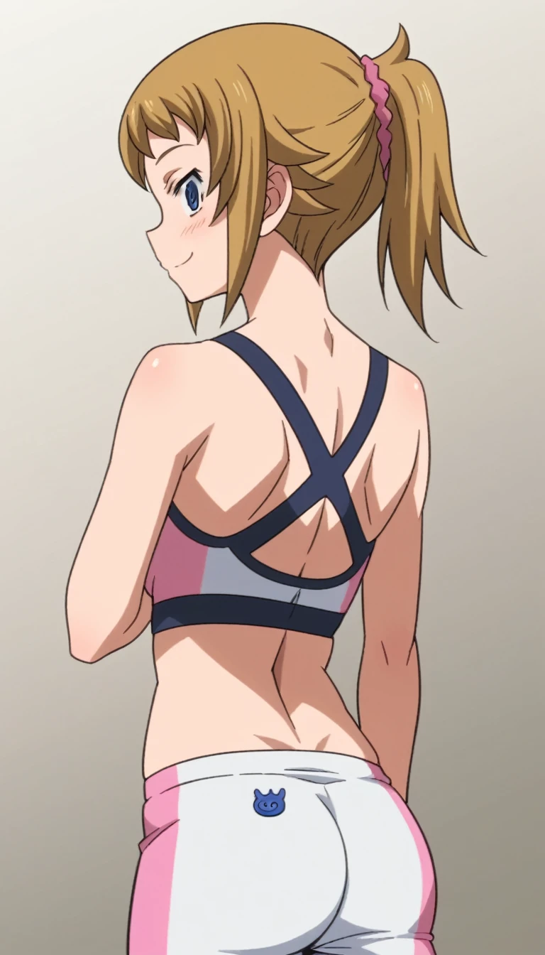 score_9, score_8_Excellent, score_7_Excellent, score_6_Excellent, One Girl, Beautiful woman, Rear view,View your viewers,Detailed face, Are standing, White skin, 1 girl, Fumina Hoshino,Sports Bra,Pichi Pichi Spats,A shy smile, high quality, wallpaper,looking at viewer