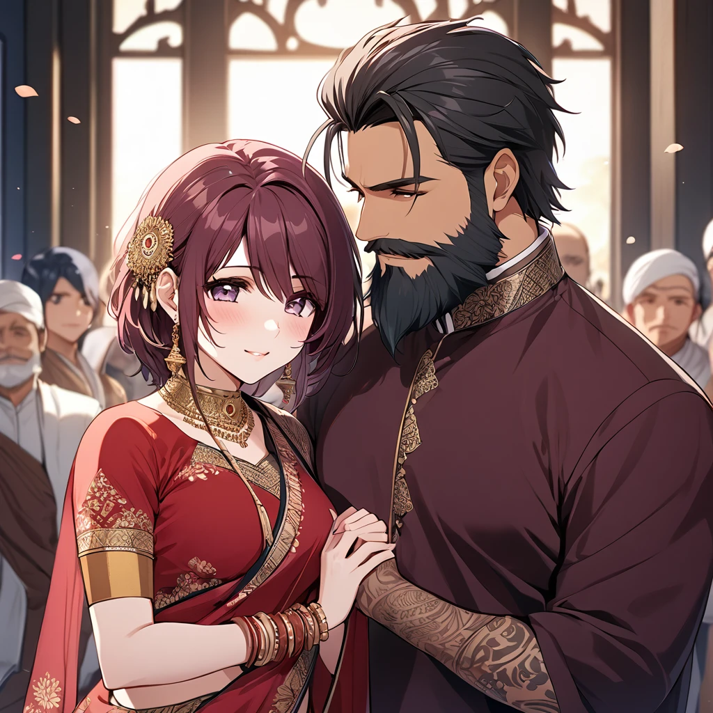 ((Highest quality)), ((masterpiece)), (detailed), （Perfect Face）The woman is Lunamaria Hawke、The woman is wearing the traditional Indian dress, a sari.、The woman is getting married to a middle-aged Indian man with a beard.、Cute and anime-like