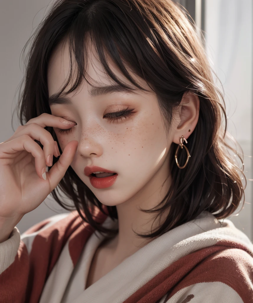 1 girl, Japanese, 4k, realistic, soft skin, texturized skin, short whavy black hair with bangs, bob hairstyle, colorful hair, shining brown eyes, red eyeliners, shining red lips, soft makeup, freckles, round gold earings, pijama, covered by a red blanket, tattoos, open mouth, eyes half closed, waking up from bed, yawning, drinking coffee, soft lighting, portrait, bright colors, looking directly to the viewer.