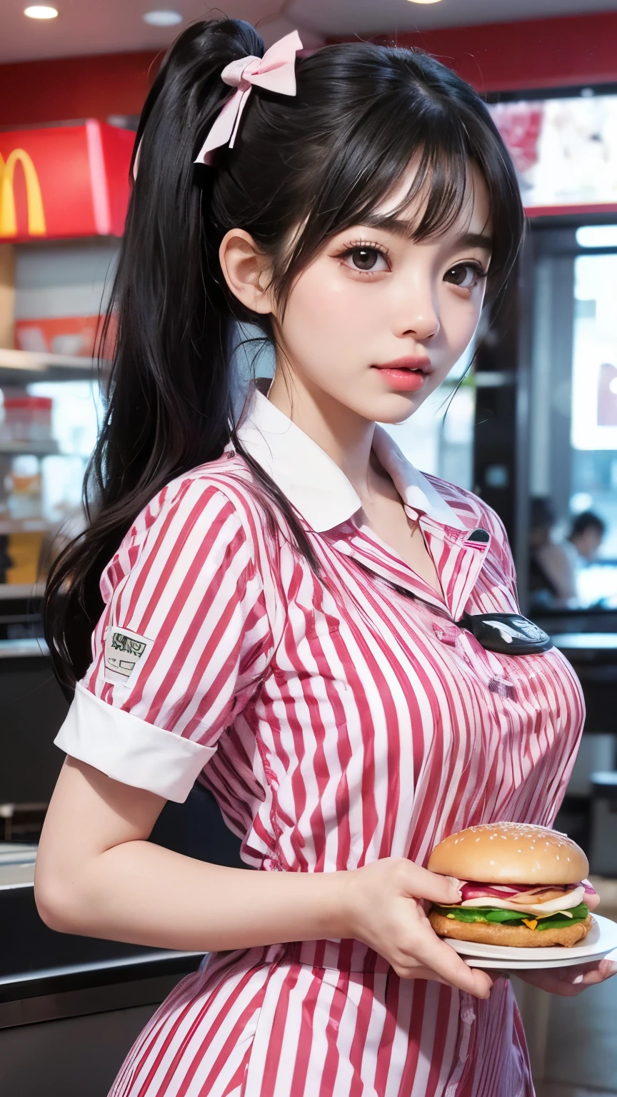 a Japanese girl with black hair and twin-tail ribbons working at McDonald's hamburger restaurant is happily working in the cute uniform of the store, the uniform is pink and white striped and short, she carries drinks on a tray, her lovely smile is very good