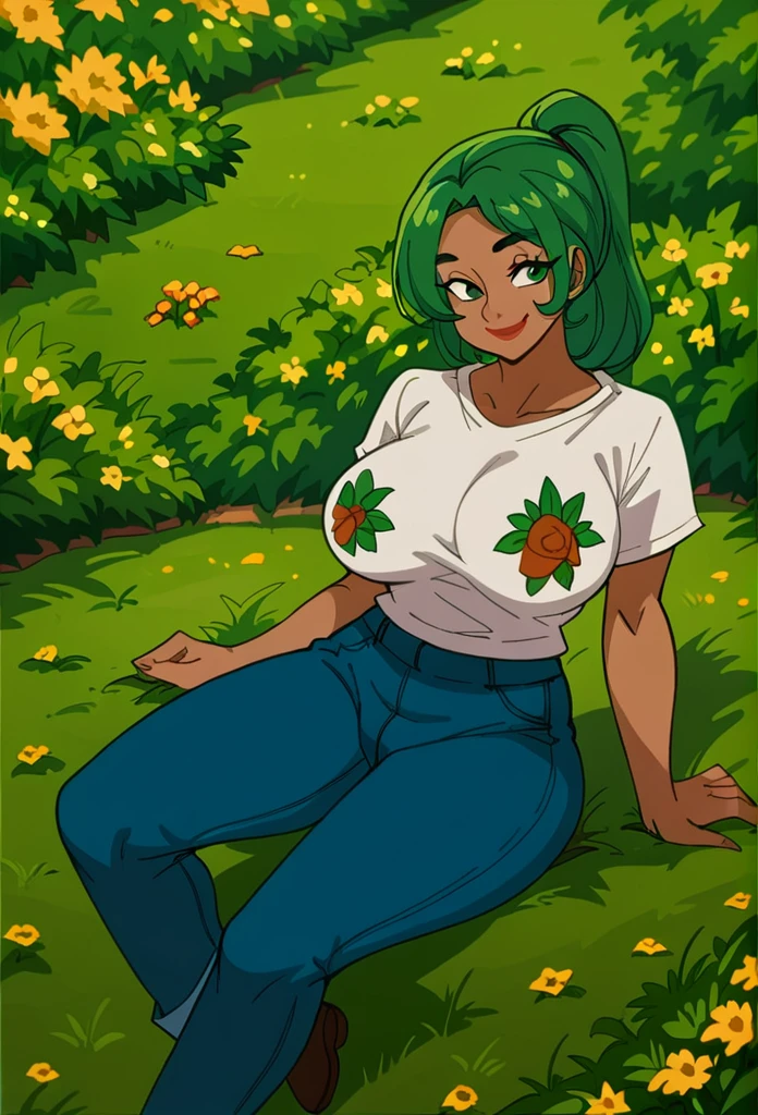 Milf,female,Green hair,grass hair,flowers hair,ponytail hair, bigbreasts,brown skin,black shir,T-shirt with print,jeans,smile,