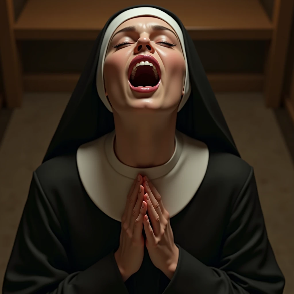 Clothed as a nun, on her knees, tongue out, green eyes, photo from above, long hair, bukkake

