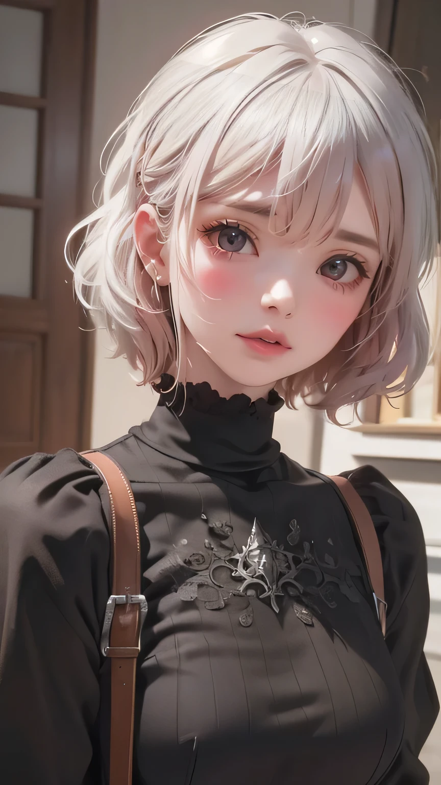 (absurd, high resolution, Extremely detailed), , (RAW photos, best quality), best quality, masterpiece, 超high resolution, (realism: 1.4), Tattoo, White curly hair, short hair, Pale skin, bedhead, Gothic, Happy, Sparse bangs, Black Textured Turtleneck, Black lipstick, White hair