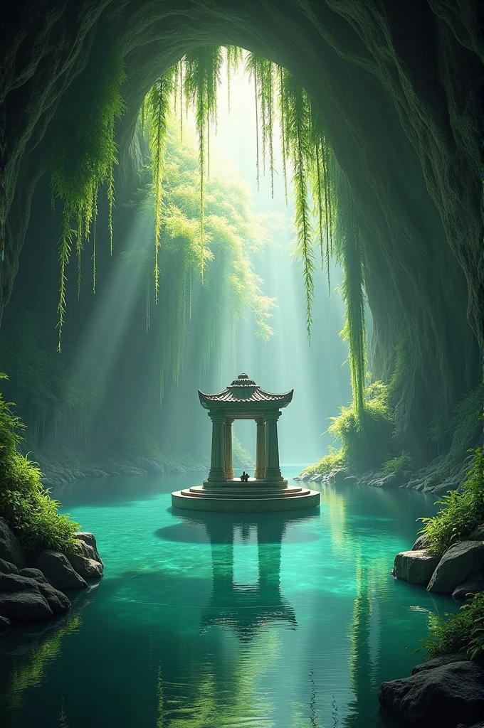 colorful all-glass ancient temple, stone statue, mysterial signs, rainbow colors waterfalls, sparkling effects, amospheric fog. At night, (1girl, solo), photorealistic, medium-breast:1.3 slim body, cleavage, tomb raider style costume with miniskirt, (matrix style black sunglasses, holding a short gun), half-body thigh level medium shot, cinematic lighting, ray tracing.