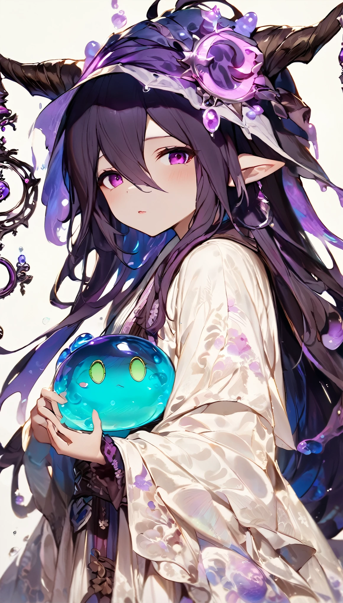 (masterpiece), (best quality:1.4), (perfect anatomy:1.4), high quality, expressive eyes, portrait, detailed face, beautiful face, perfect face, {1 girl}, In her slime form, Danua is a mesmerizing entity, her amorphous body pulsating with vibrant colors and otherworldly energy. She takes on a fluid, gelatinous appearance, constantly shifting and morphing with an almost hypnotic fluidity. Danua's slime form is translucent, allowing glimpses of the swirling colors and patterns that ripple beneath her surface. Shades of deep emerald, green mingle with iridescent blues and purples, creating an ethereal kaleidoscope of hues that dance and shimmer in the light. Her form lacks defined features, instead resembling a constantly shifting mass of gel-like substance. However, there is a sense of grace and purpose to her movements, as if she possesses a silent intelligence that guides her every shift and flow. Despite her lack of a solid form, Danua exudes an undeniable presence in her slime state. She radiates an aura of ancient power and mystique, her ever-changing form hinting at the depths of her enigmatic nature. Overall, Danua's slime form is a mesmerizing spectacle, a symphony of colors and shapes that captivates the eye and sparks the imagination.