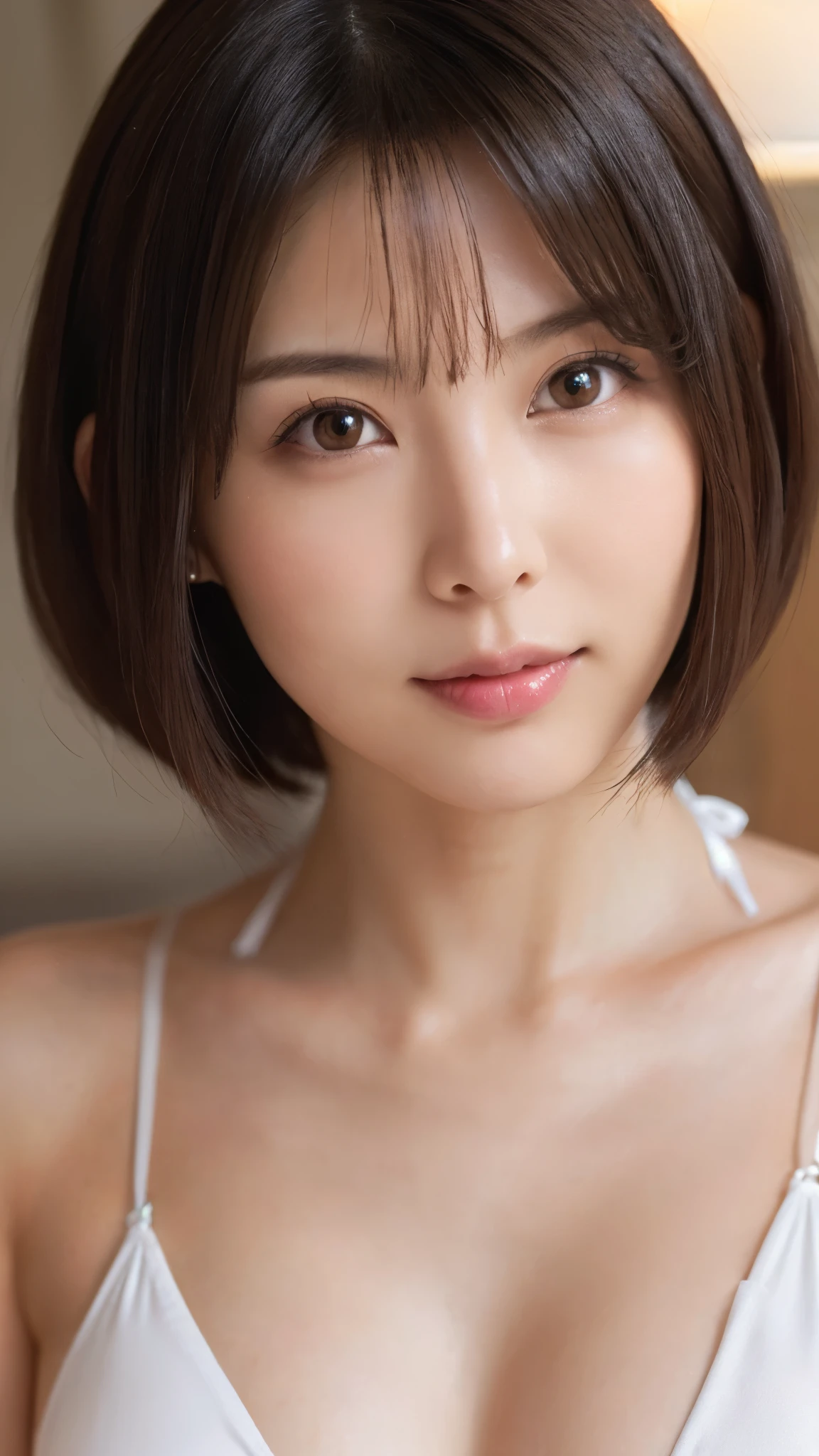  One girl, Japanese,Small breasts , ((Short bob cut for brunettes)), (Relaxed facial expression), ((Close-up of face with makeup:1.3))、((White micro bikini:1.3))、Luxury hotel bedroom、Looking at the camera、(Elegant lighting)
