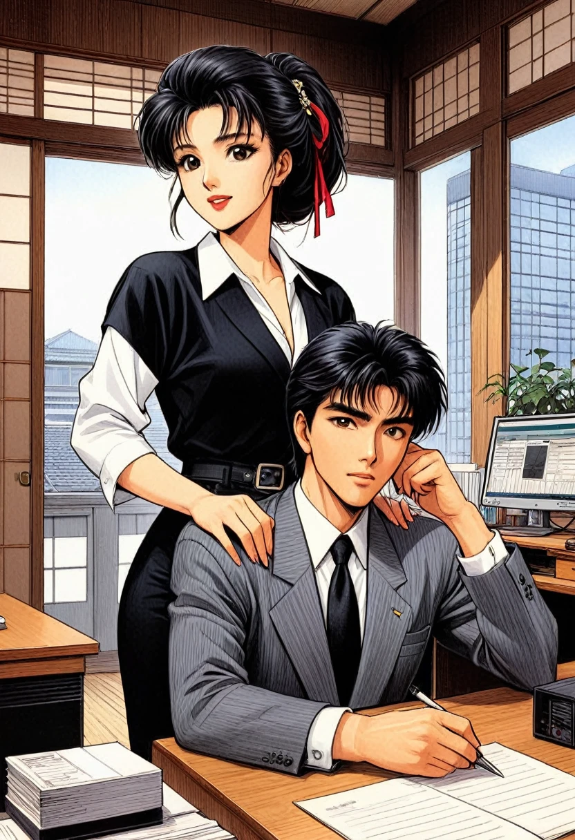 beautiful "8k very HD Higher resolution a Masterpiece"A strikingly beautiful very and handsome 1980s  Japanese salary woman an man  fin vwey 1980s Japanese office-business fashions