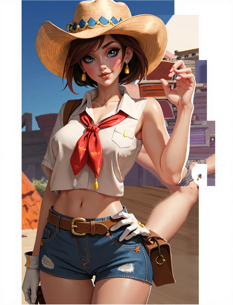 (mais alta qualidade, super detalhado, realista:1.37), ar livre, garota, turvar, olhos detalhados e lindos, beautiful detailed lips, cowboy hat, colete com franjas, cintura fina, coxas finas, fenda apertada, coxas finas, mostrar barriga, pants, tissue, with confidence, Medium chest, paisagem de fazenda empoeirada, golden hour lighting woman atompunk style Fallout 4 black hair actress Ella Purnell with war scars Cartoon image of a woman .Ilustracaoo estilo desenho animado, estilo de arte dos desenhos animados, estilo de arte dos desenhos animados, digital illustration style, estilo atompunk design de personagens altamente detalhado, arte digital detalhada coragem,atriz Ella Purnell com cabelo preto e corpo esguio Forest fan art, Design de cabelos pretos personagens de retrato, beautiful digital illustration, retrato de alta qualidade, Arte em quadrinhos, s . Olhos delineados, medium bust and wonderful sexy clothes. image expression of sexual desire from waist to head illustration atompunk style Fallout 4 The perspective is from below, enfatizando a majestade e o poder da Gigante."atriz Ella Purnell cabelos pretos