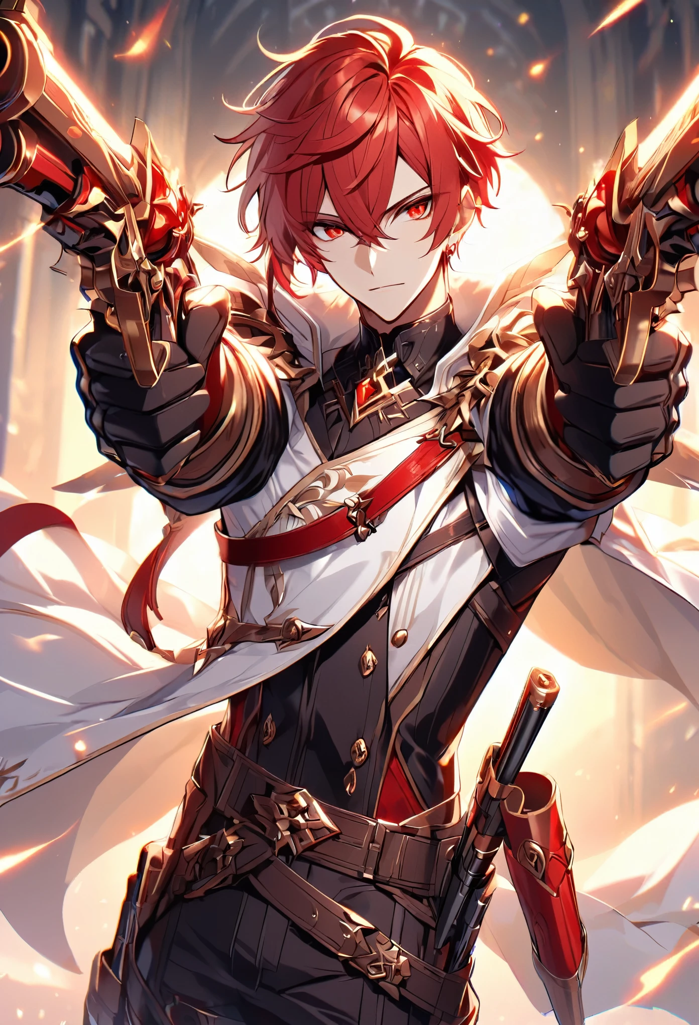 solo, handsome, 1 male, short hair, red hair, red eyes, white shirt, white cloak, dual pistols