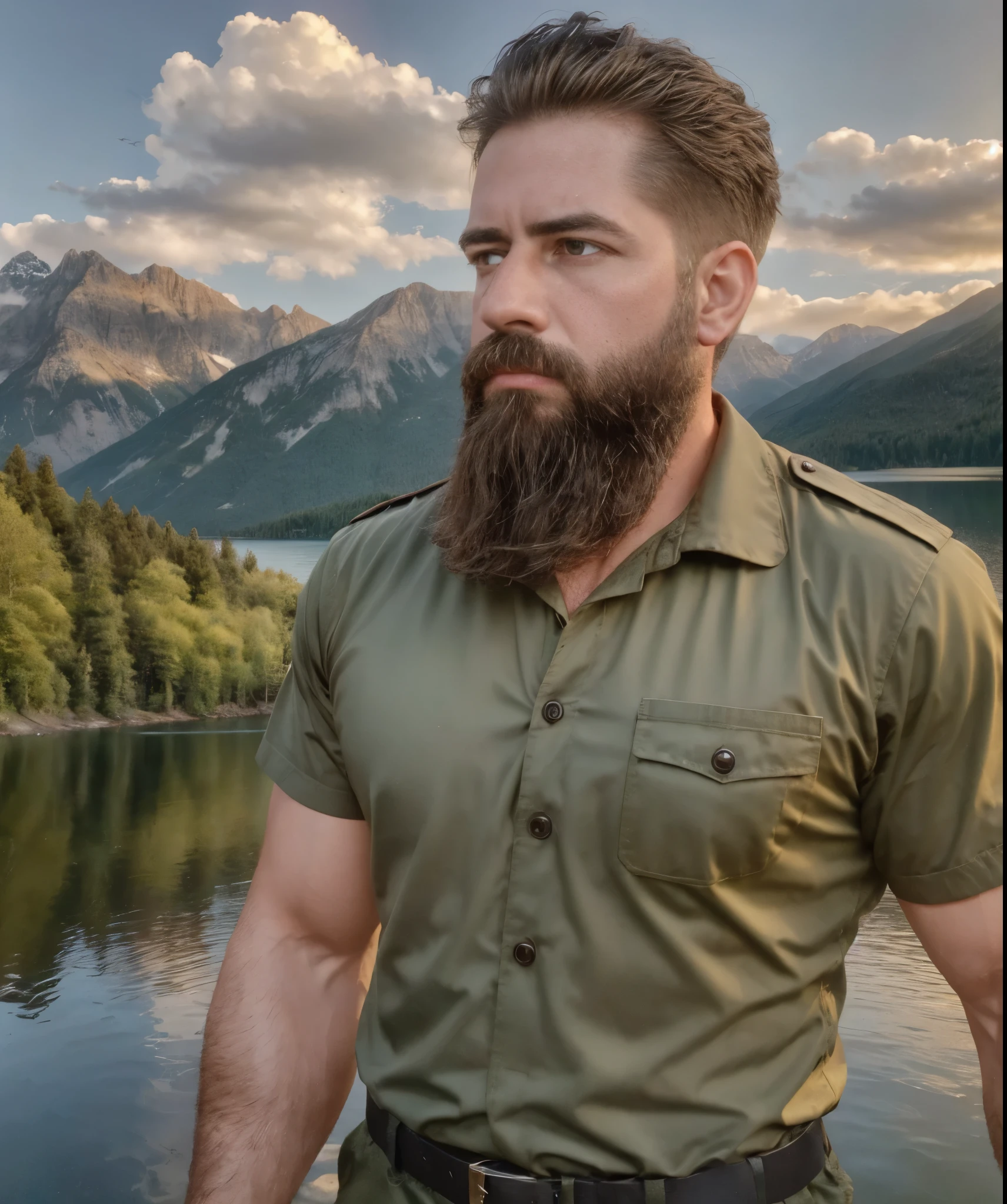 handsome man with brown beard, military shirt, standing at edge of lake, ultra detailed, realistic, photorealistic, best quality, 8k, masterpiece, vivid colors, dramatic lighting, peaceful atmosphere, reflections on water, symmetrical composition, crisp focus, golden hour lighting, clear water, mountains in background, lush greenery, picturesque scenery, stylish outfit, rugged appearance, confident expression, detailed eyes, detailed lips, muscular, contemplative pose, strong physique