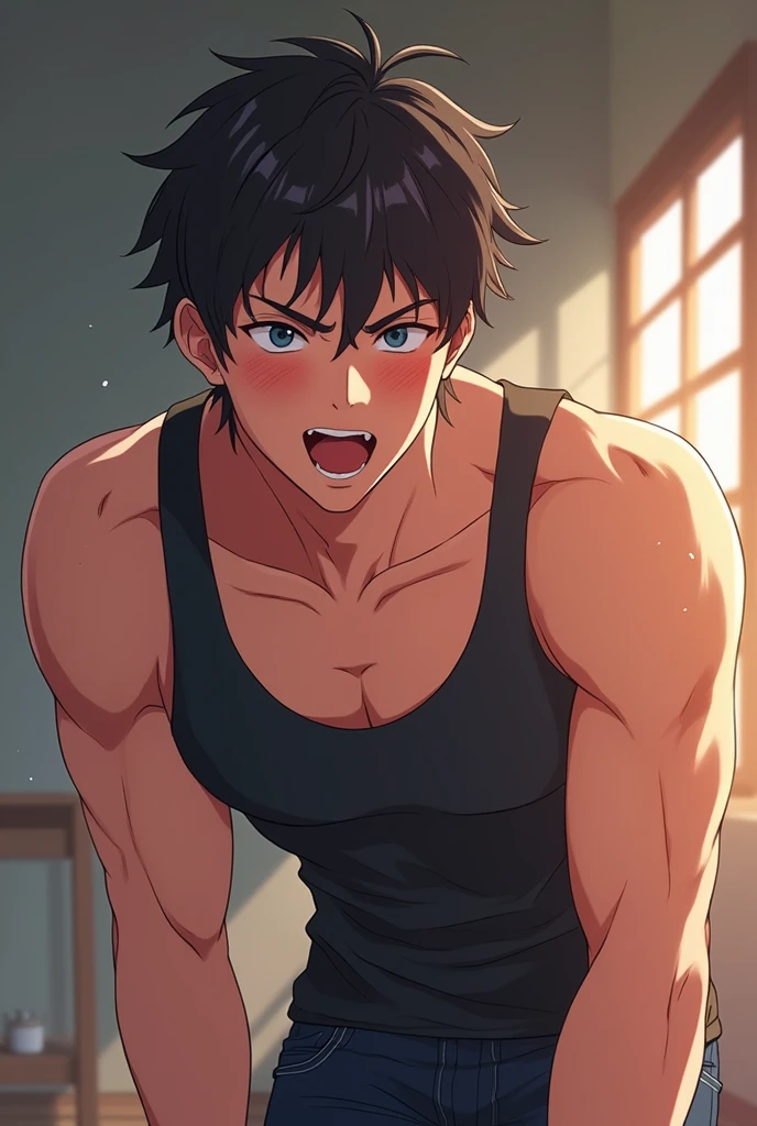 Sixpack anime guy in black tanktop, arms up, sweatr armpits and dick