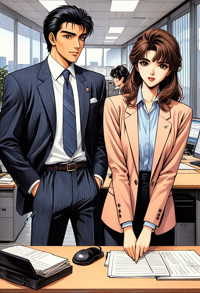 beautiful "8k very HD Higher resolution a Masterpiece"A strikingly beautiful very and handsome 1980s very  Japanese salary woman an man fin very 1980s Japanese trendy cool office-business fashions up close in details