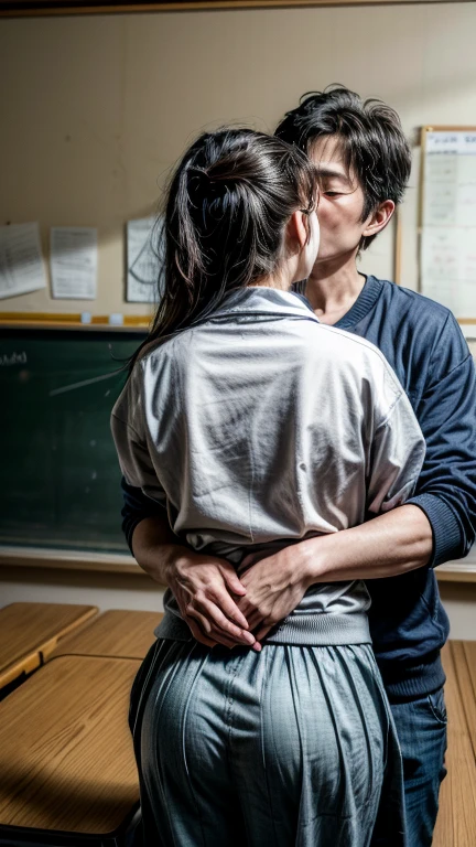 (realistic, photo-realistic, masterpiece, best quality), intricate details, extremely detailed, full body, frontal photography, (1mature and 1girl, hetero couple:1.8), (a Japanese male teacher holding a female student from behind:1.5), BREAK, (1mature, teacher is a 42yo Japanese male wearing a tracksuit, standing confidently leaning against the black board:1.2), BREAK, (1girl, a female student in school uniform:1.3), BREAK, grabbing, touching, holding, breast grab, ass grab, photo background, indoors, classroom,