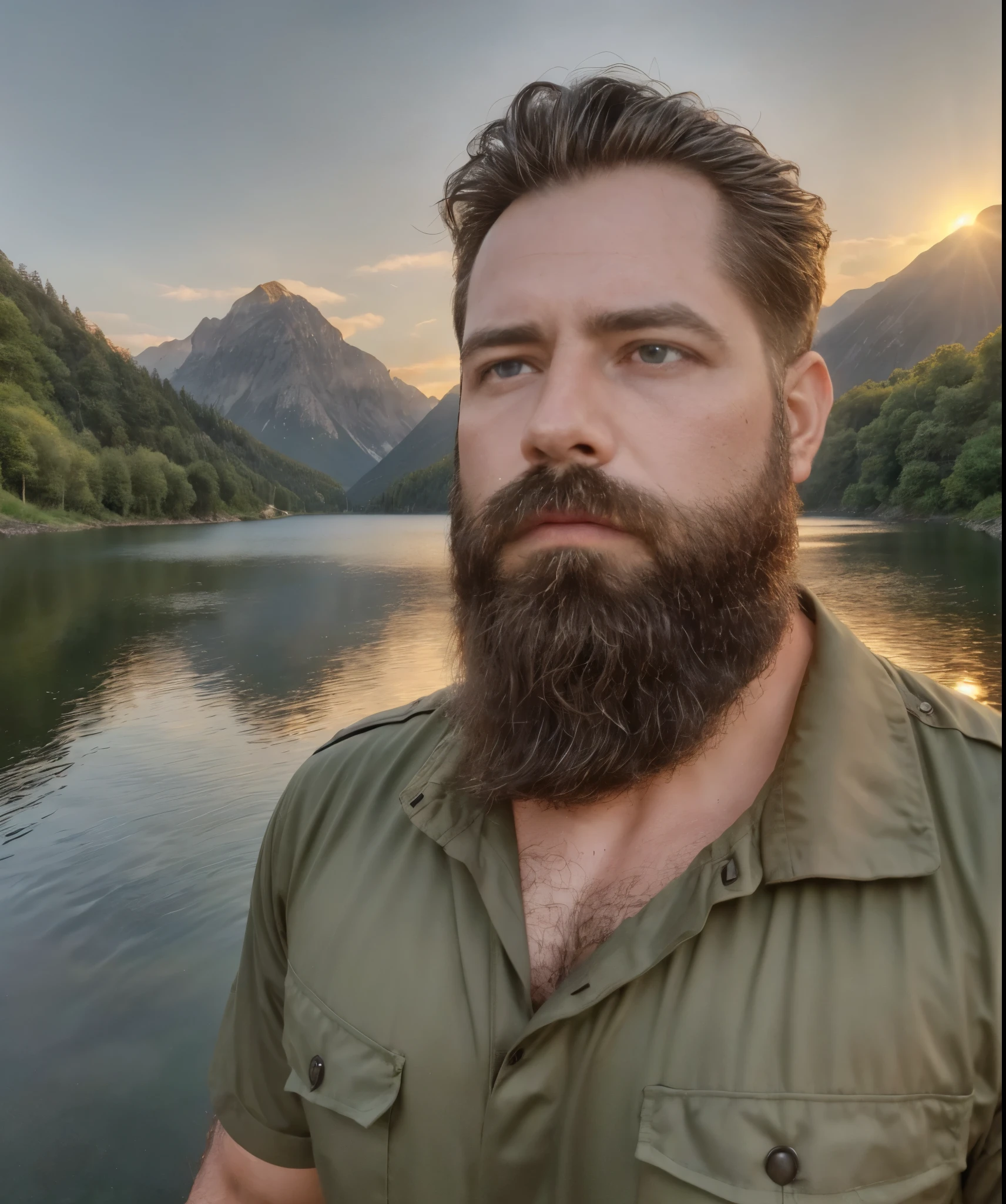 a handsome man with a brown beard, wearing a military shirt, standing at the edge of a lake, (best quality,4k,8k,highres,masterpiece:1.2),ultra-detailed,(realistic,photorealistic,photo-realistic:1.37),vivid colors,dramatic lighting,peaceful atmosphere,reflections on the water,symmetrical composition,crisp focus,golden hour lighting,clear water,mountains in the background,lush greenery,picturesque scenery,stylish outfit,rugged appearance,confident expression,extremely detailed eyes and face,longeyelashes,muscular,contemplative pose,strong physique