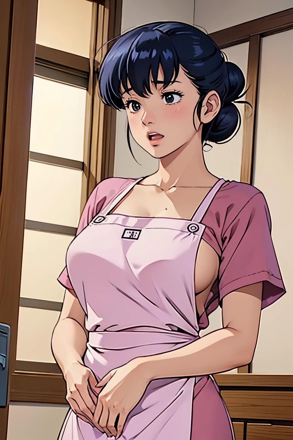 1woman, kyoko otonashi, 29yo, adult mature female,  detailed shiny skin,  (slim body:1.3), collarbone, (huge saggy  Breasts:1.4), (narrow_waist:1.2), small hips ,   (sweat:1.3),  Wedding Rings, full body, (from front:1.6) , (look up viewer:1.3), (pulk chin in:1.5), (pink apron:1.5), T-shirt, skirt, (cover breasts and crotch by hands:1.5), (undressing:1.5), cloth lift
BREAK
((masterpiece, best quality)), detailed gradation,   HDR,
BREAK
 blue hair, Symmetrical bangs between eyes,long hair,  bangs, (Voluminous hair:1.3), (hair bun:1.5)
BREAK
brown eyes, (thik  lips:1.5)
,Beautiful small Nose,smile, embarrassed, frown, 
(embarrassed:1.4), open mouth,  (in heat:1.1), Nymphomaniac, Lewd, Watery eyes, Completely melted, To flatter, half closed eyes, blush, (open mouth:1.3),  (shy:1.5)

BREAK
