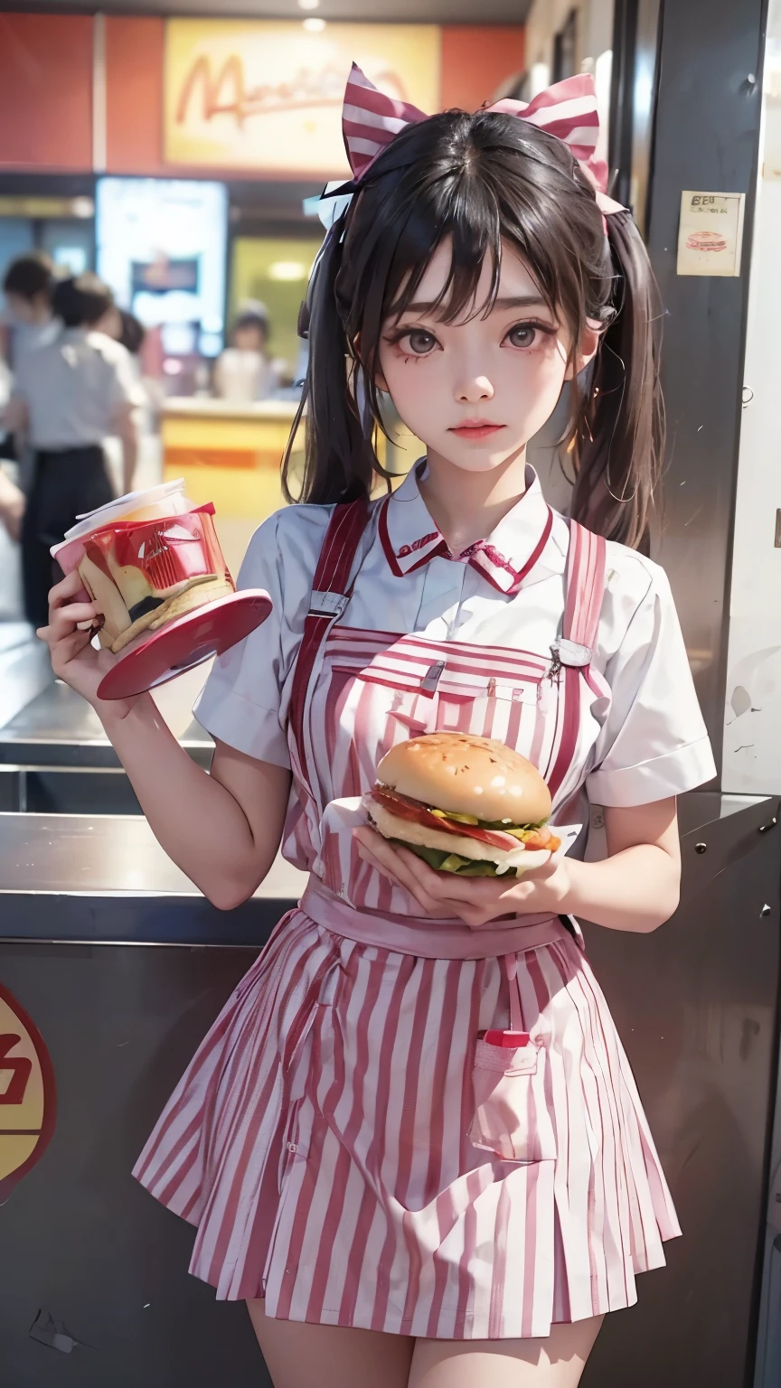 Look here, a Japanese girl with black hair and twin-tail ribbons working at the hamburger restaurant McDonald's is happily working in the store's cute uniform, pink and white striped and short, carrying drinks on a tray.