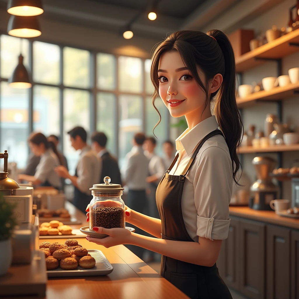  Realism Девушка Стоит за Прилавком в Униформе Продает Кофе, Holding a Jar of Coffee, There is a queue of people, There are many different types of coffee on display, There is a coffee machine and mugs, Various Sweets in the Lower Showcase, Realism, Warm Atmosphere Pleasant Lighting, masterpiece, full detailed, 