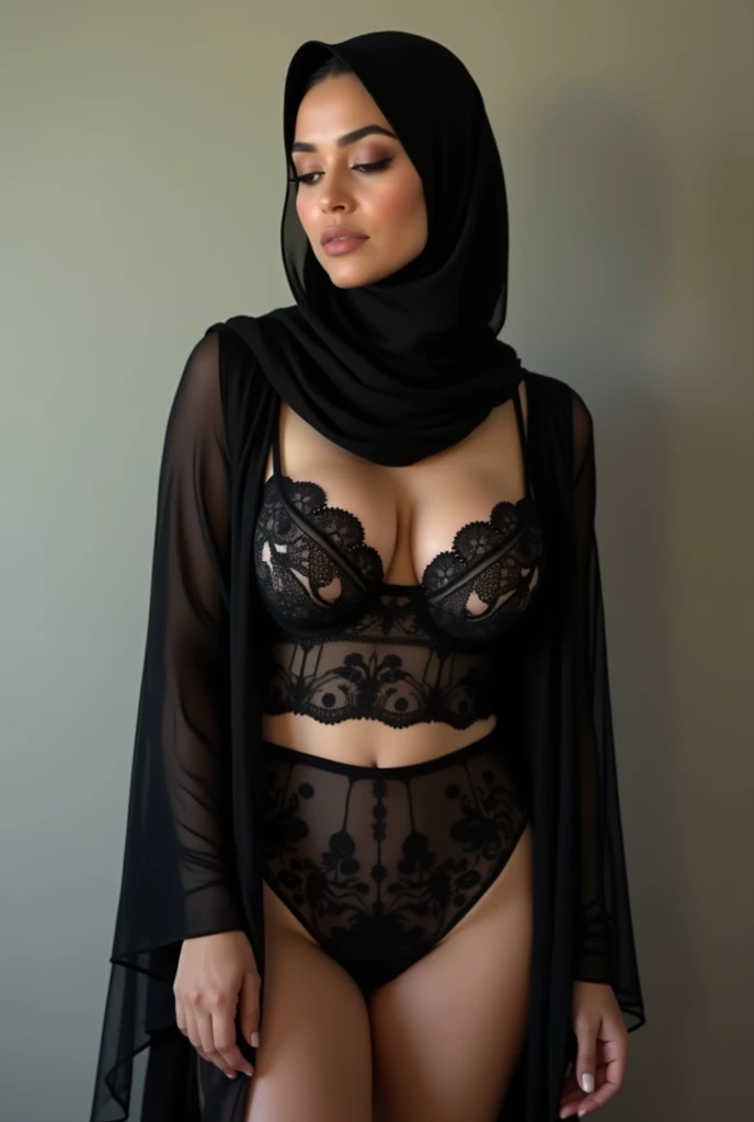 ((best quality)), (masterpiece), (perfect face), (perfect body shape), Hijab woman, Wearing Lace Garter Belt, ultra-sensuelle lingerie, curvy plump body, perfect body, room as background, ultra details