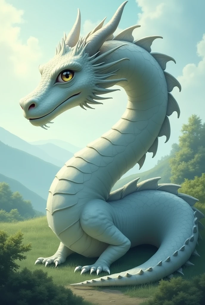 A white dragon sleeps in the middle of a field of hydrangeas.