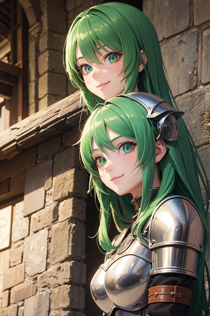 cute knight girl wearing armor, two heads, conjoined twins, green hair, red hair, big eyes, perfect green eyes, warm light, cobblestone road, outside, smile, happy