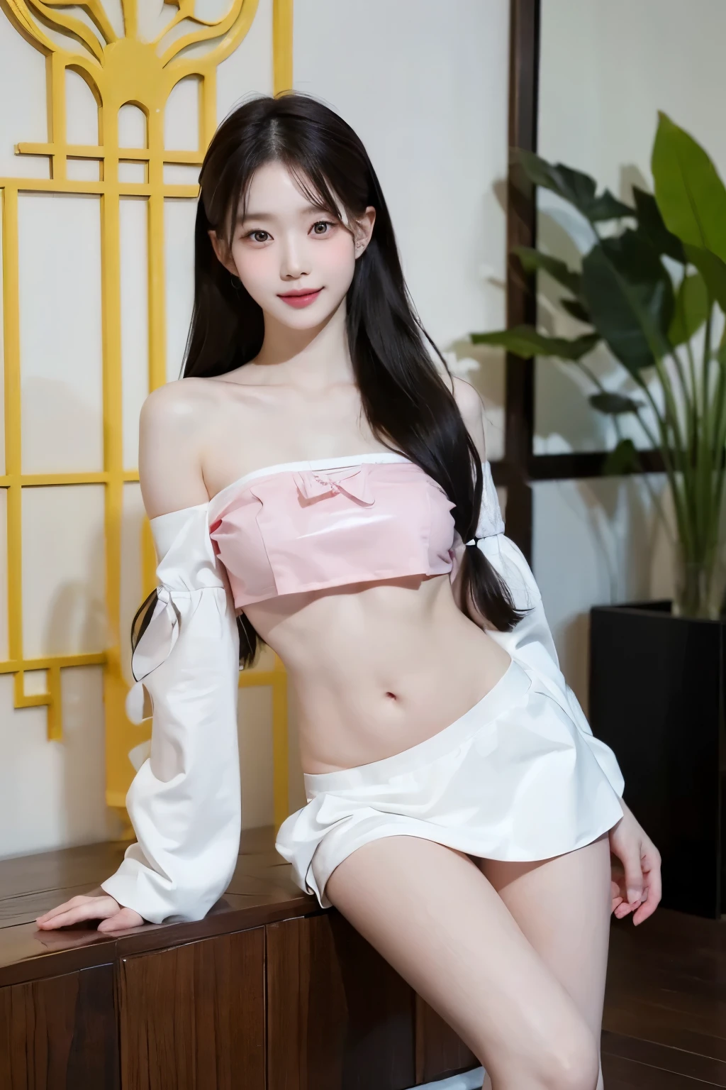 ((beautiful korean girl)), ((super bright pale skin)), ((glamour sensual body)), ((high-level image quality)), (Like a shot with an SLR) , ((Beautiful legs)), ((little smile)), ((various colorful hanbok)), ((semi-nude looks)), ((super pretty face)), ((Hair covers the ears and makes them invisible)), ((navel exposed)), ((slender but big breast)), ((off the shoulder)), ((underboob)), ((long black hairs)), ((sexy posture)), antient asian palace indoor background
