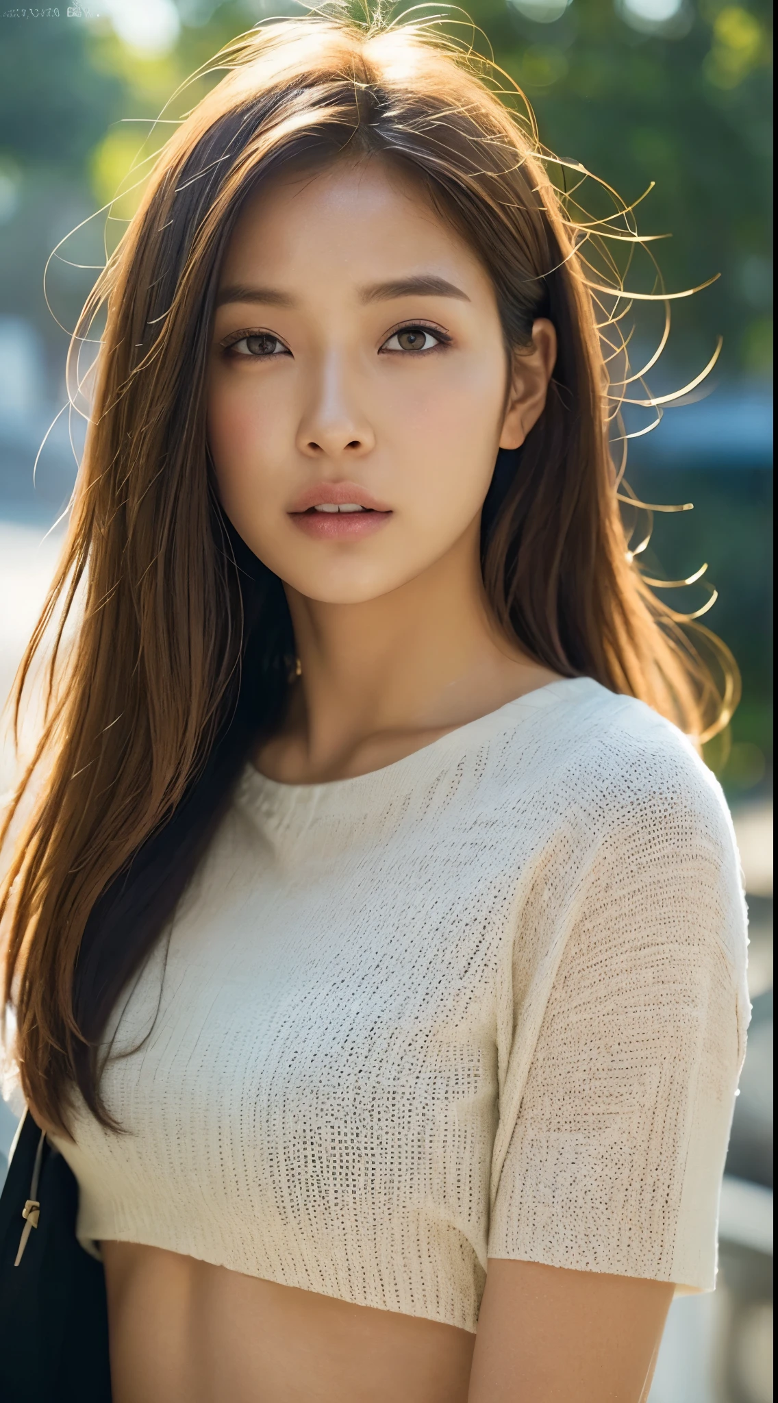 A woman with long hair and a white top posing for a picture - SeaArt AI