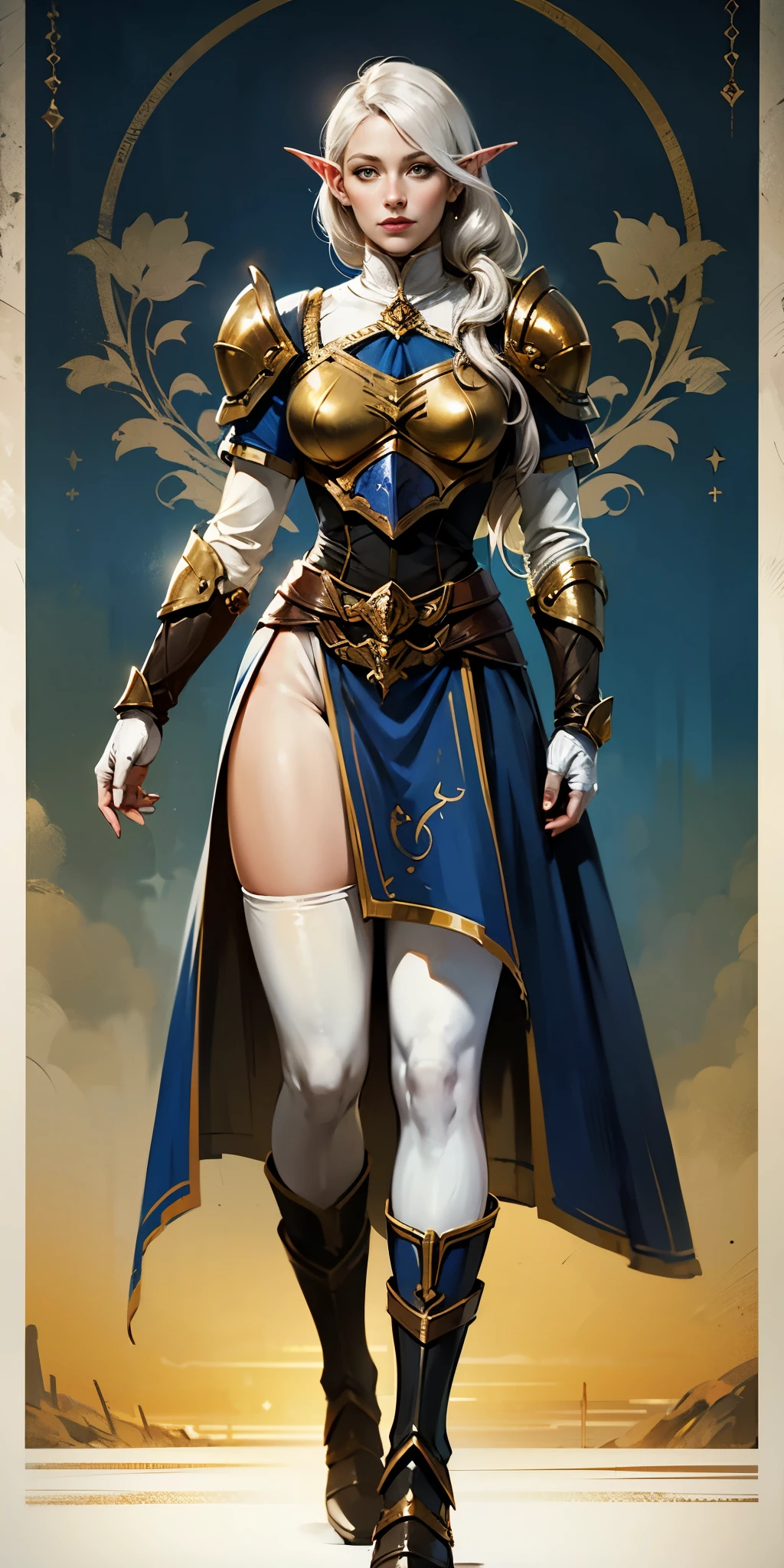 masterpiece, best quality, high quality, white SKIN elf, long hair, white hair, yellow eyes, full body, def_effie, blue breastplate, white skin, looking at viewer, shiny,armor, thighhighs, high boots,shoulder armor, faulds, poleyn, gloves, gauntlets