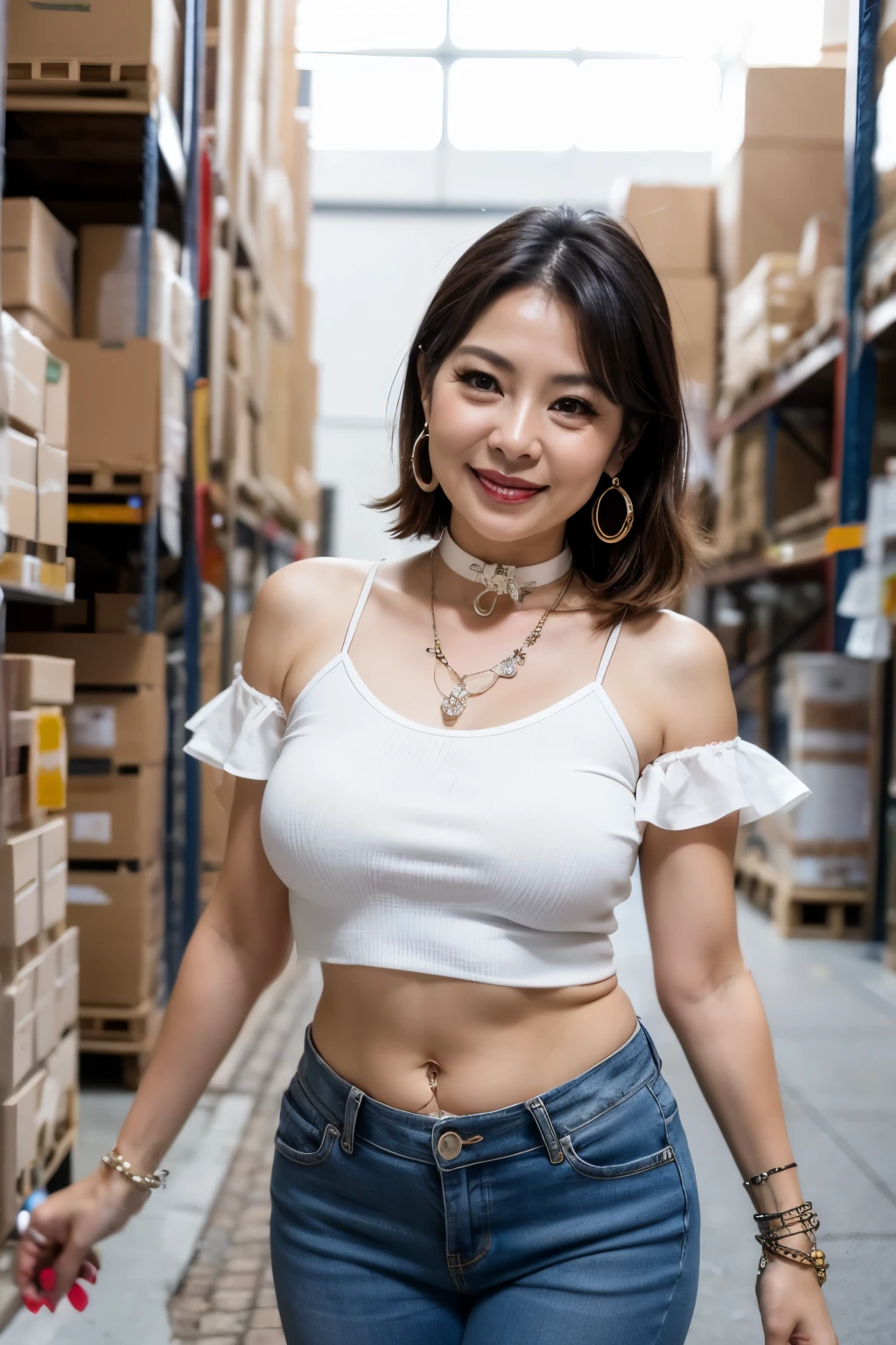 cowboy shot, A young korean beautiful girl, 20-year-old, sexy gril, strikingly beautiful, black hair, (big breasts:1.2), delicate facial features, porcelain skin, expressive eyes, red lips, black hair, Thicker body shape, ((awe and joy expression)), laughing, short-cut, (((girl all nude))), Red gloves, Light blue cap, Warehouse and forklift background