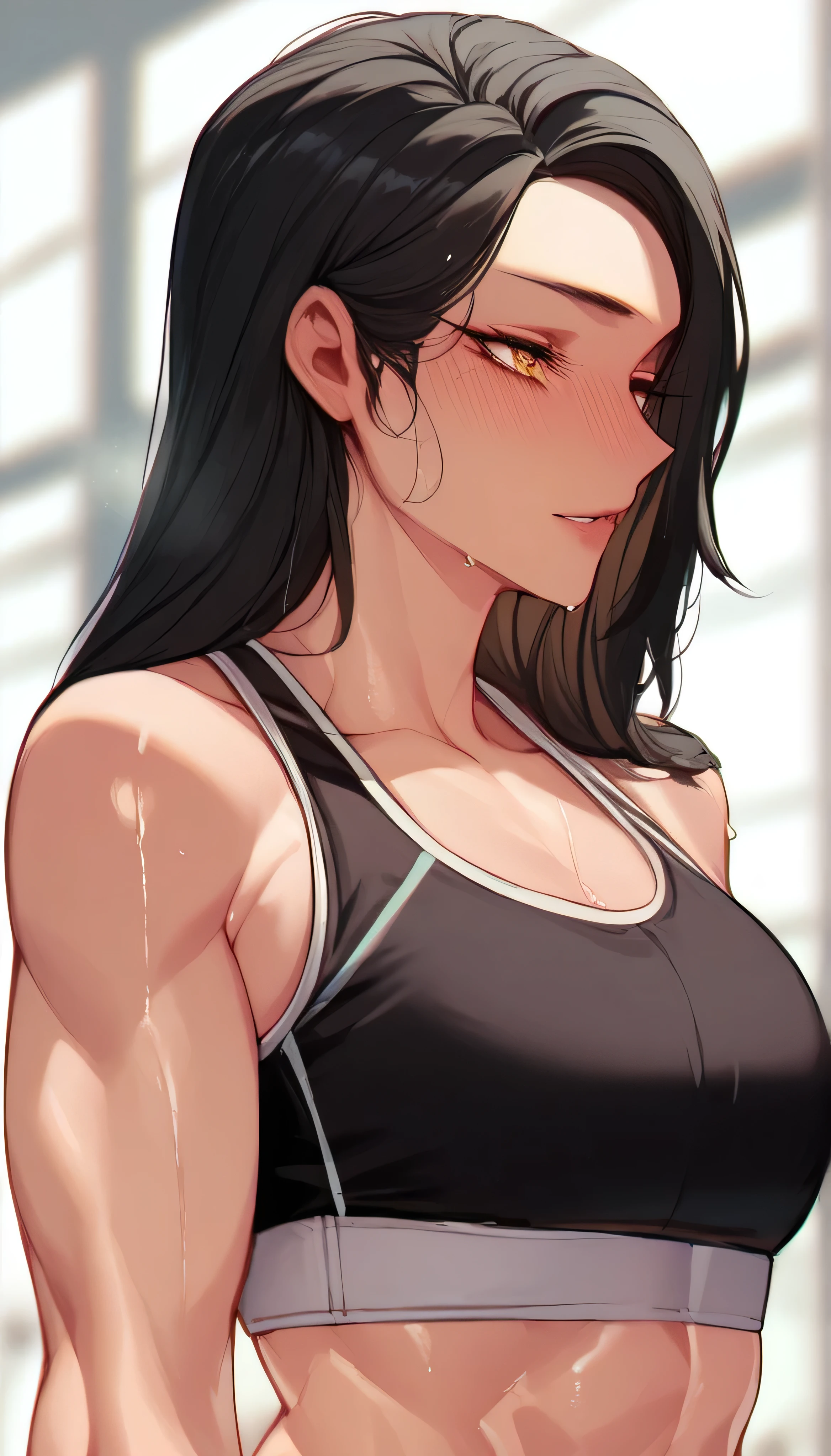 black hair,masterpiece,best quality,highres,ultra-detailed,aashizue,yellow eyes,long hair,(sports bra:1.2), boxing gloves, toned, muscular,sweating, (sleeveless:1.4)