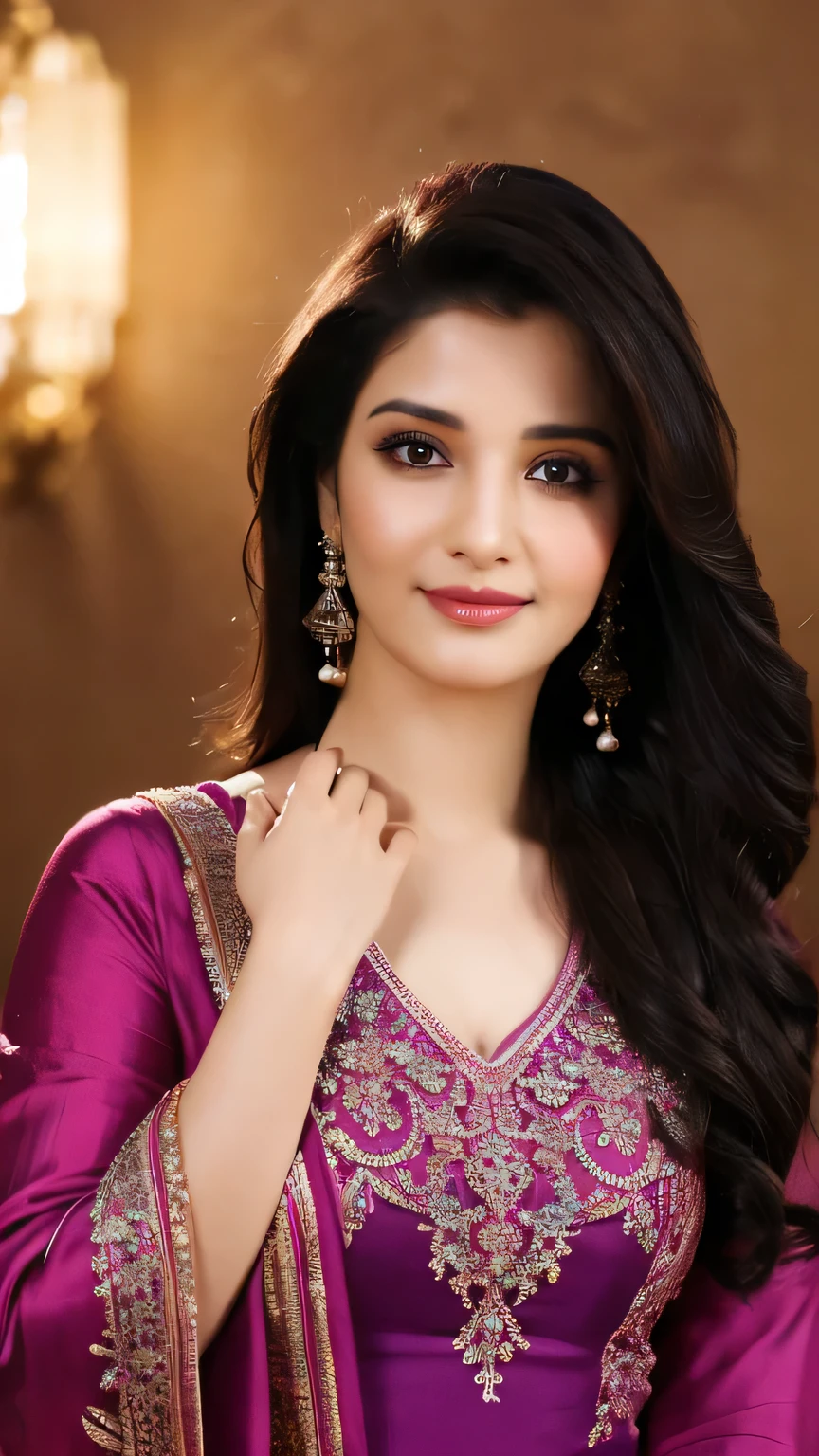 (realistic,photorealistic,photo-realistic:1.37),highly detailed ipakistani anarkali full sleeve, magenta dress,medium breasts,gorgeous women,beautiful detailed eyes,beautiful detailed lips,beautiful smile,realism style,dynamic pose,full body,8k quality,depth field,wavy long black hair,professional portrait lighting,vivid colors,ultra-sharp focus,soft natural lighting,sophisticated expression,breathtaking composition,subtle background,highres