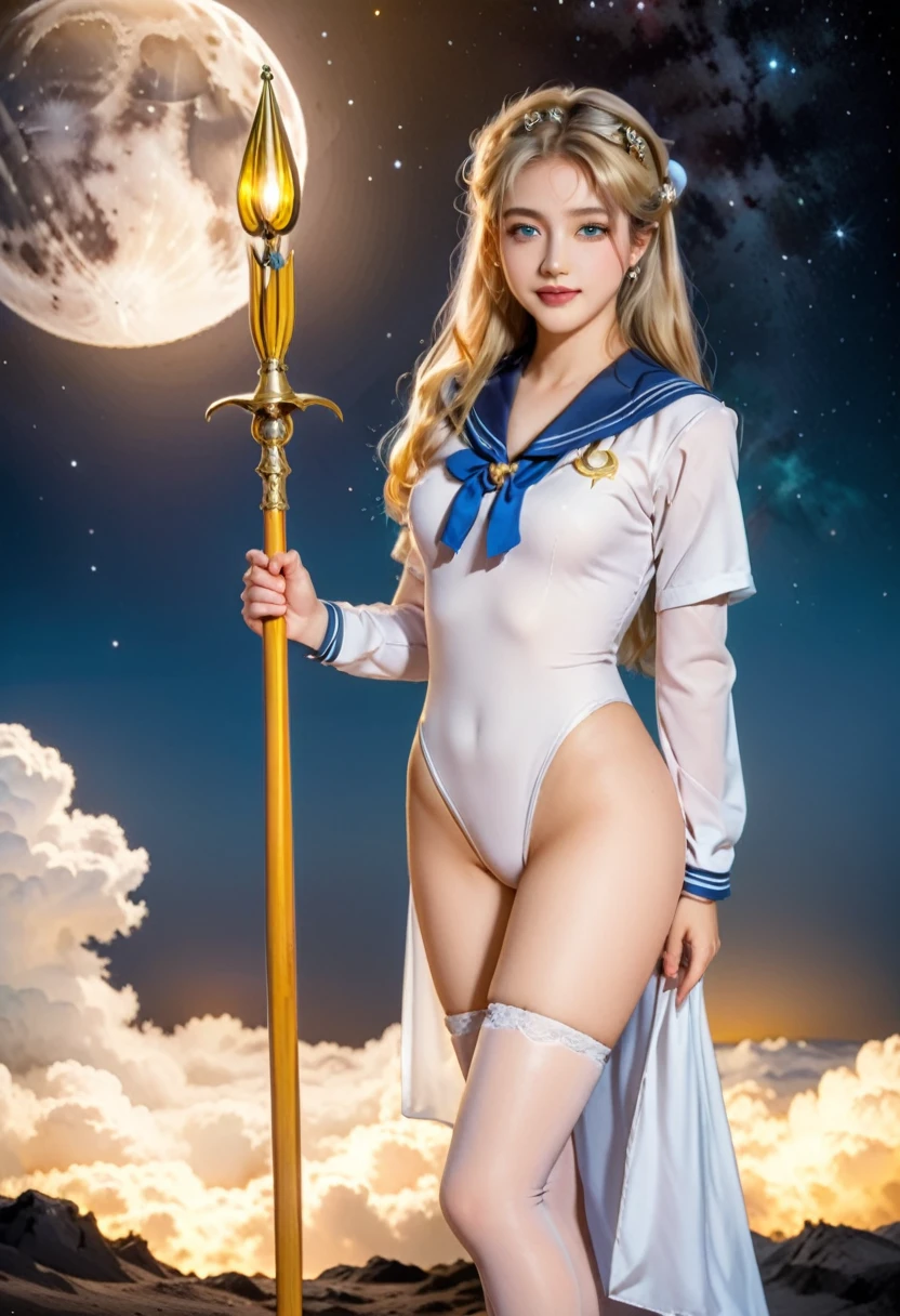 Sailor Moon, 1 girl, blue eyes, Long blond hair, Sailor Suit, Moon headdress, Hold the Moon Stick, standing on the moon, earth in background, space, Star, Confident smile.cameltoe，