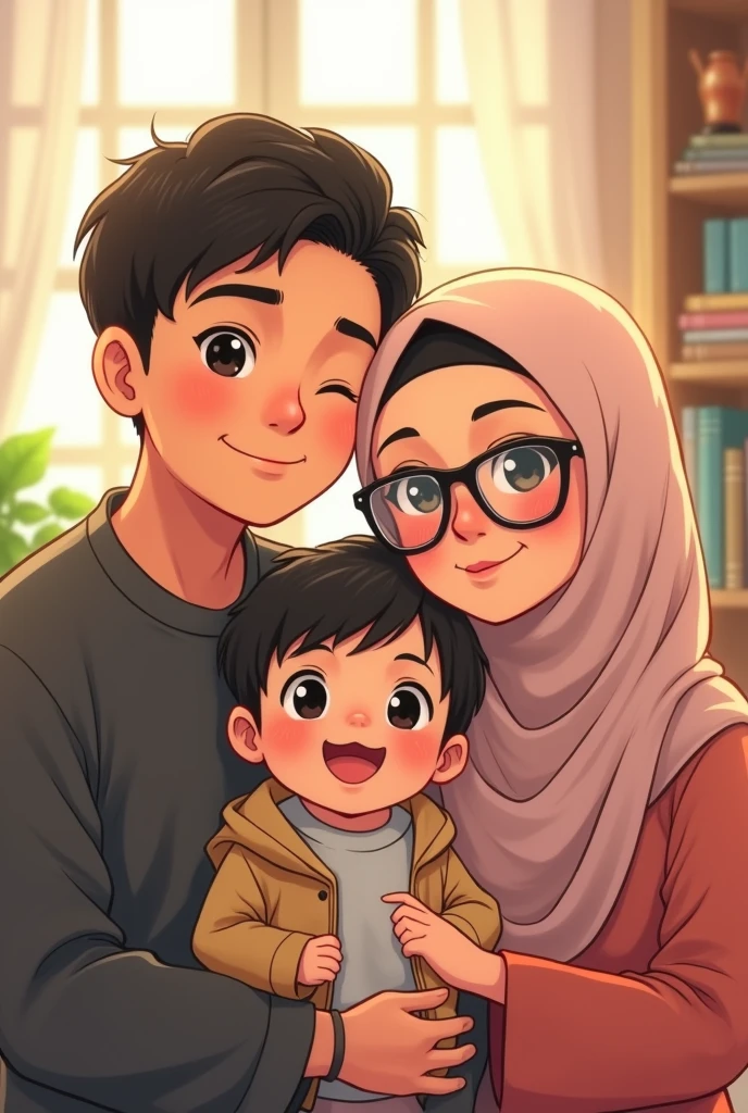 a close up of a hijab woman, Sitting with two boys at the window,  full protrait, realism artstyle, inspired by Nil Gleyen, nft portrait, fanart, portait photo profile picture, kawaii realistic portrait, in cartoon style, inspired by JoWOnder, protrait, high quality portrait, sakimi, inspired by Kim Jeong-hui