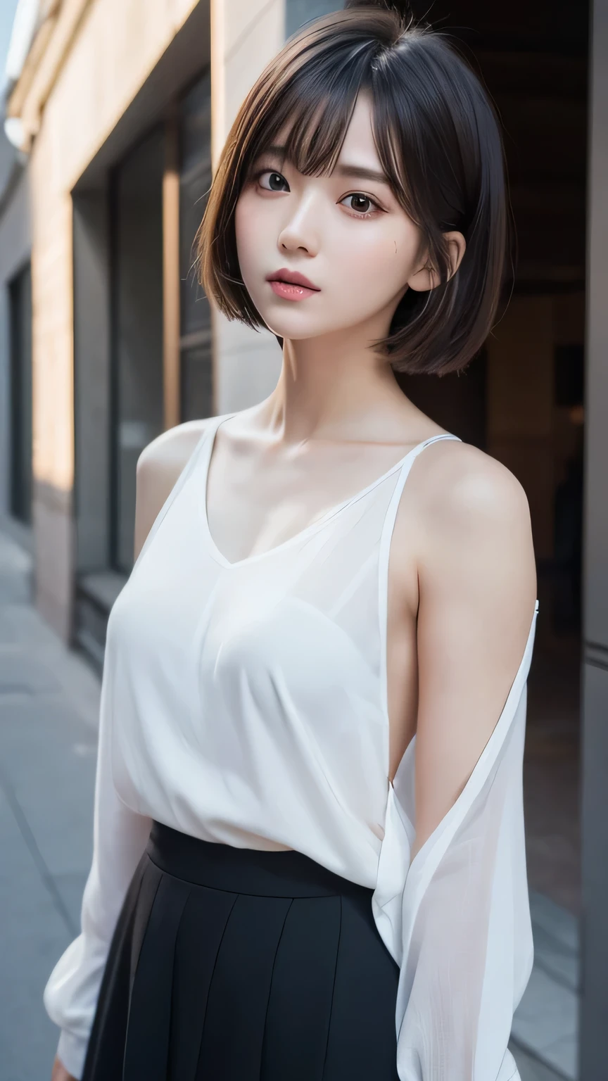 neat, petite, (long white silk camisole, white panties), outside the athletic field, (slim, small, flat, small), photorealistic, detail, skin texture, ultra detail, delicate and sexy collarbone, super detailed face, detailed lips, detailed eyes, double eyelids, 14 year old girl, sexual expression, wet body, short hair, kneeling, from above, slender, delicate and sexy collarbone, on all fours, upper horn: 1.5,