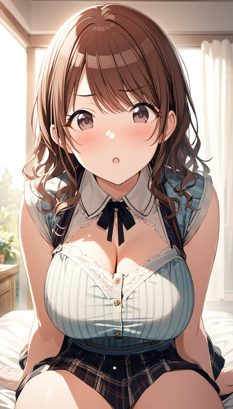 16k,1girl, Tachibana Alice,\(idolmaster\), idolmaster ,official style,blush,embarrassed,:o,cute,thick thighs,big breast,natural lighting, (masterpiece, best quality),,detailed scenery,looking view,pov,white background 