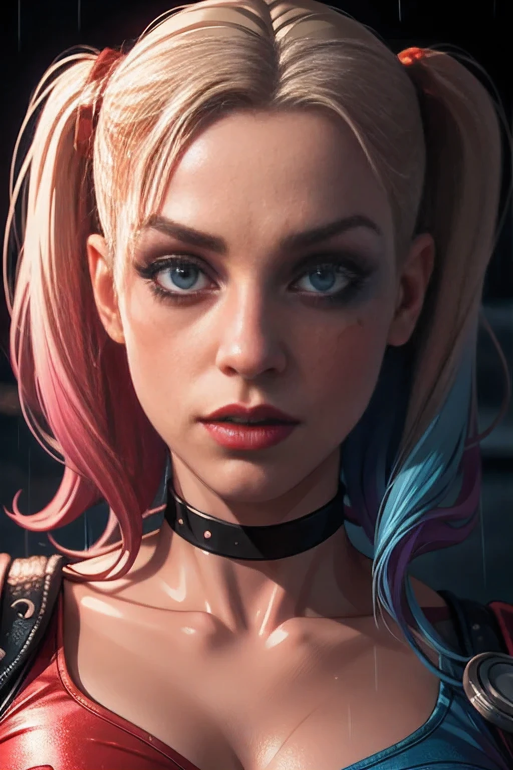 A realistic and beautiful detailed portrait of Harley Quinn, highly detailed facial features, striking makeup, rain effects, cloudy day, night scene, dark atmosphere, masterpiece quality, studio lighting, 8k, high resolution, hyper detailed, photorealistic, vivid colors, cinematic lighting, dramatic pose