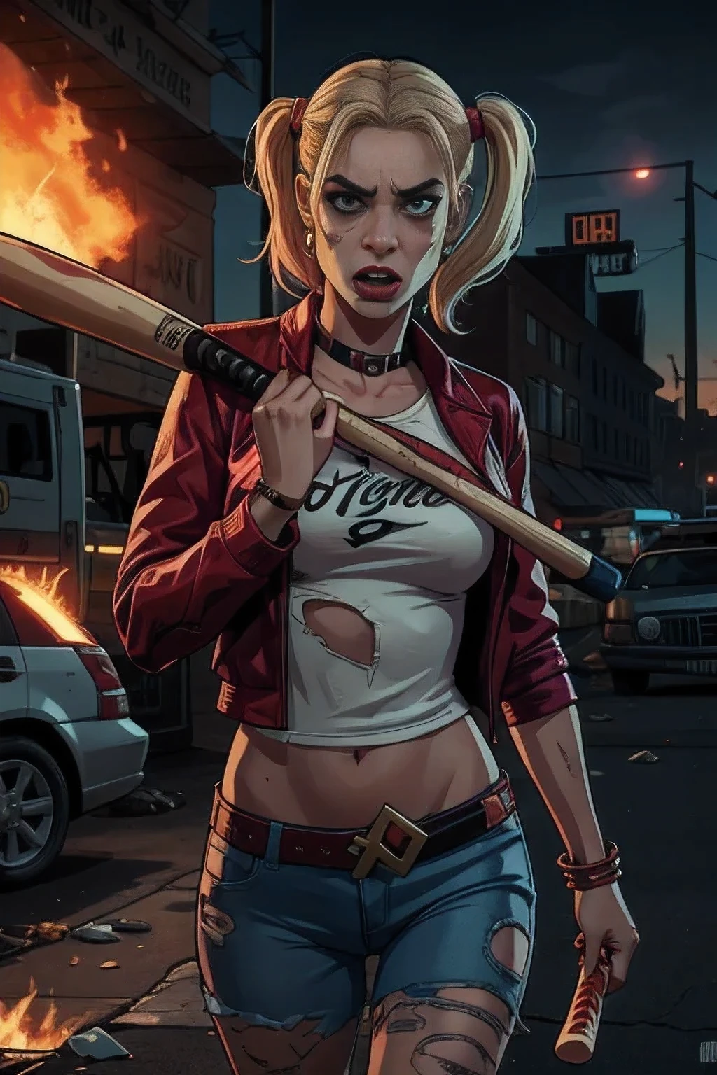 GTA Style, GTA loading screen, GTA Art, A photo of Harley Quinn in a dynamic pose, in Walking Dead Style , (((Baseball bat in hand))), ((mad look)), Crazy Girl, Laughter, night, Very detailed, Detailed face, amazing, High-definition photography, Digital Portrait, beautiful, Art Station, Comic book style, ((Hot body, Hot Girls, Sensual, sexy)), comics, Walking Dead Style. ((Destroyed city background, fire, cigarette, explosion)).