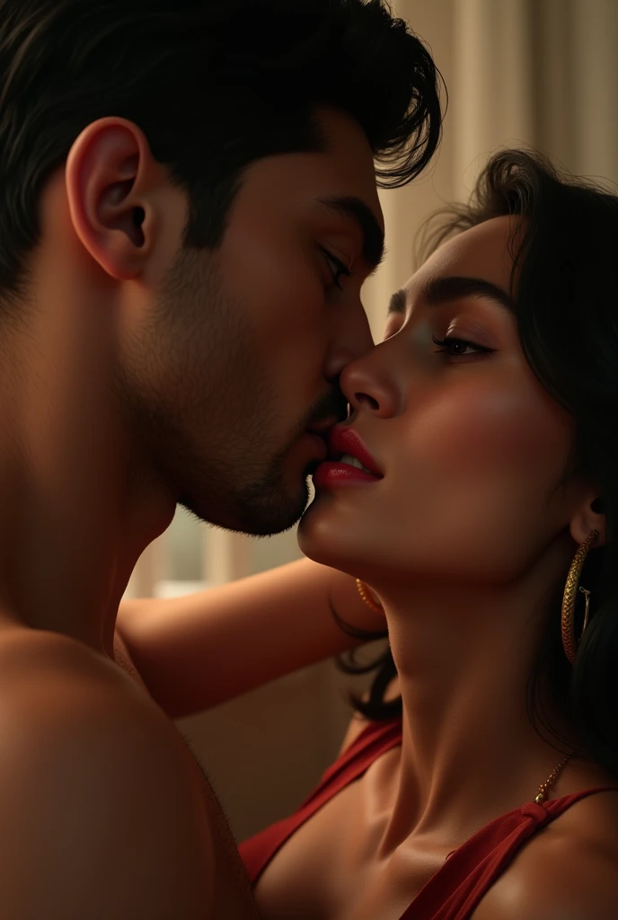 a sexy male vampire, with his fangs in the neck of a beautiful girl biting ,she is looking at the camera, with parted lips and an expression of desire