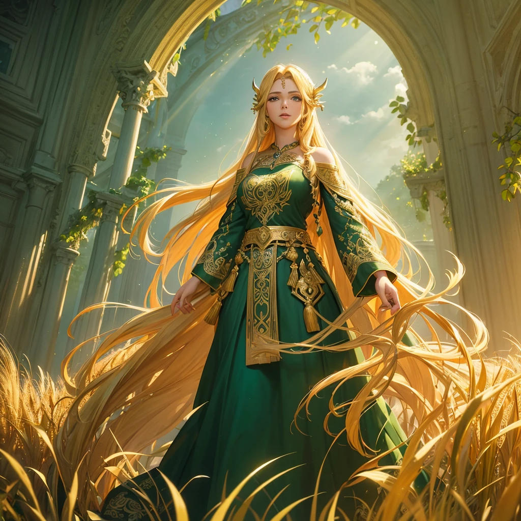 a beautiful goddess of harvest, woman with long flowing golden hair, detailed face, piercing green eyes, elegant flowing dress, standing in a lush green field, golden wheat stalks in the background, sunlight streaming through the clouds, cinematic lighting, intricate details, highly detailed, masterpiece, photorealistic, 8k